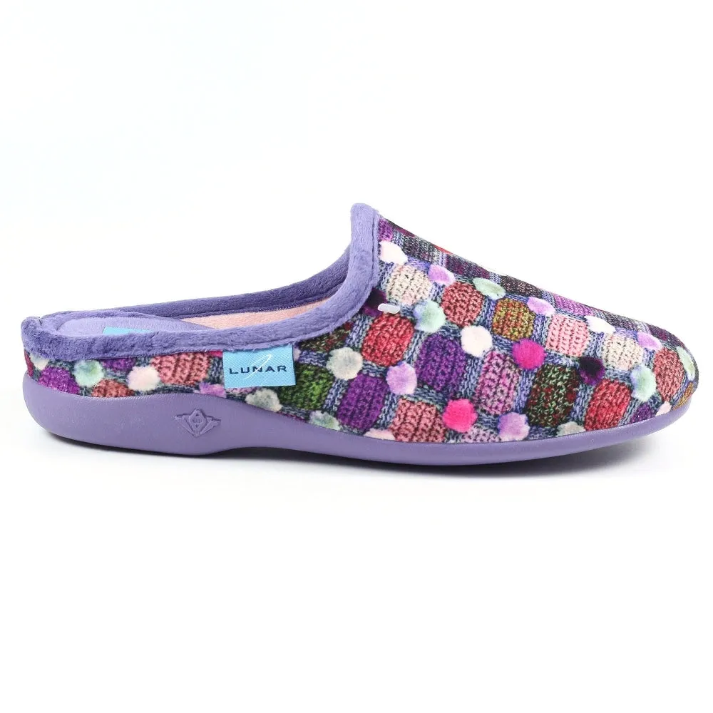 Lunar Crackle Women's Padded Insole Patterned Machine Washable Mule Slipper Pom Pom Effect Purple
