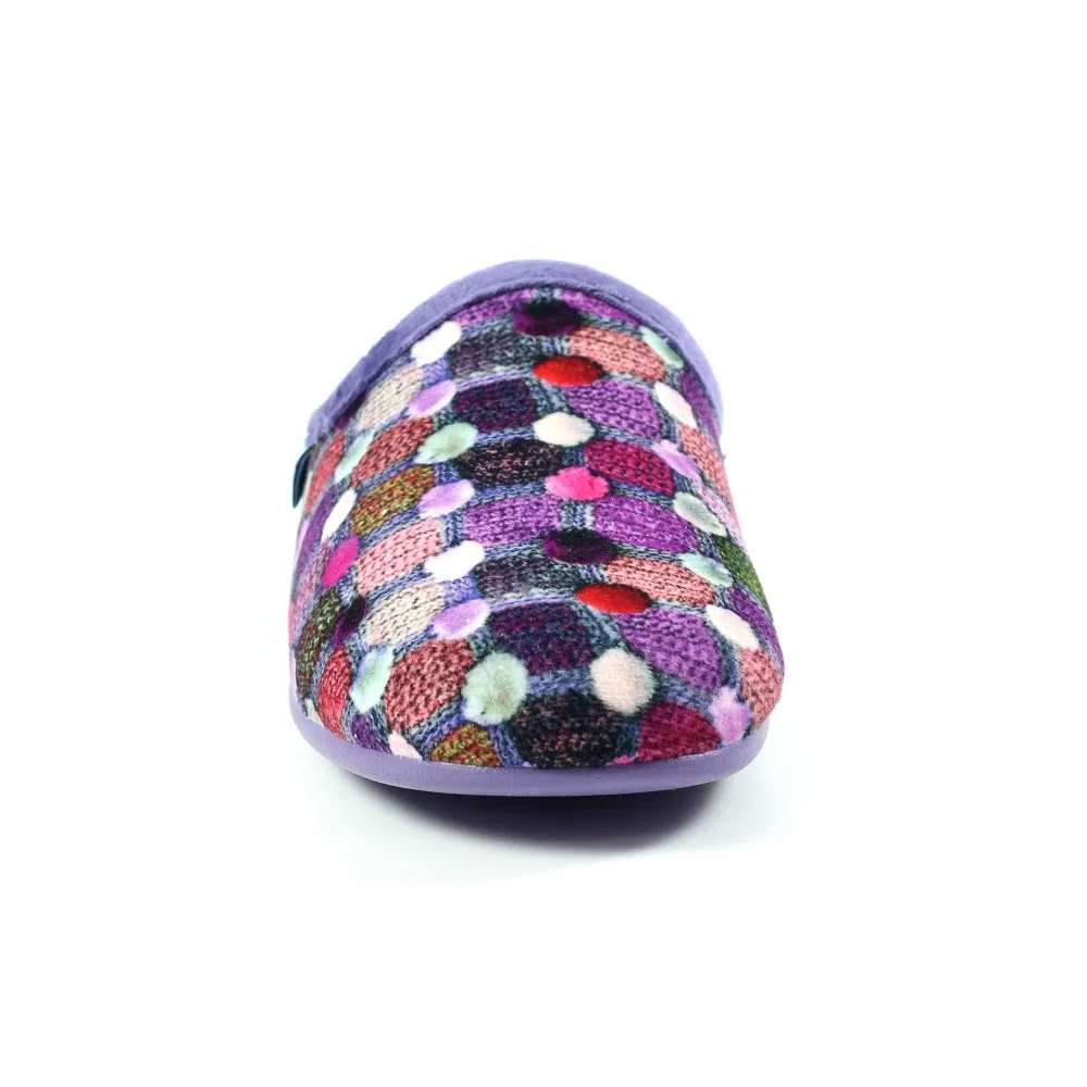 Lunar Crackle Women's Padded Insole Patterned Machine Washable Mule Slipper Pom Pom Effect Purple