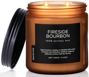 M&SENSE Fireside Bourbon Jar Candle, 11.6oz Clean Soy Wax Campfire Candle, Up to 70 Hours Burn Time Smoky Candle, 2 Wick Cotton Fall Scented Candle for Home Decor, Aromatherapy Candle for Bathroom