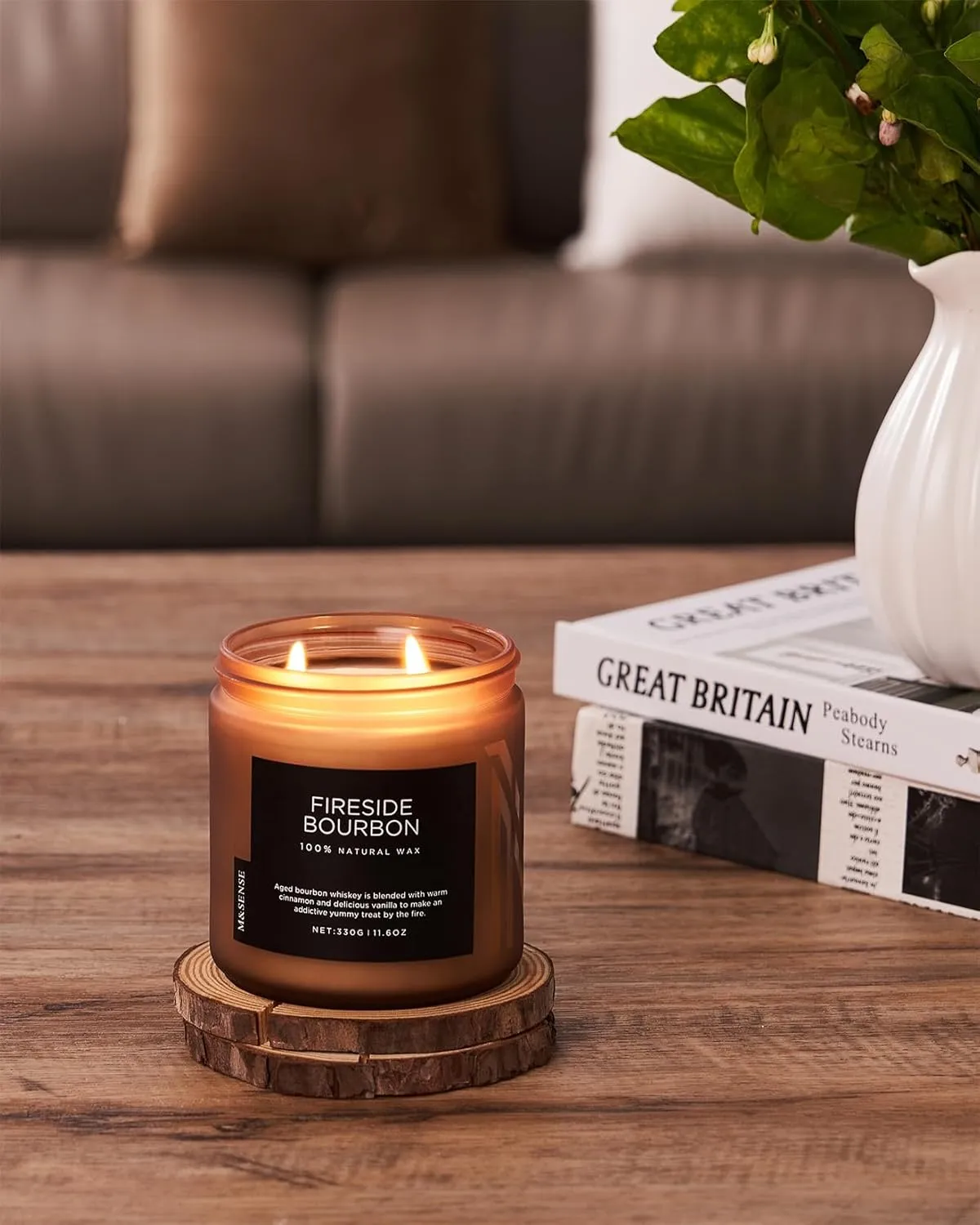 M&SENSE Fireside Bourbon Jar Candle, 11.6oz Clean Soy Wax Campfire Candle, Up to 70 Hours Burn Time Smoky Candle, 2 Wick Cotton Fall Scented Candle for Home Decor, Aromatherapy Candle for Bathroom