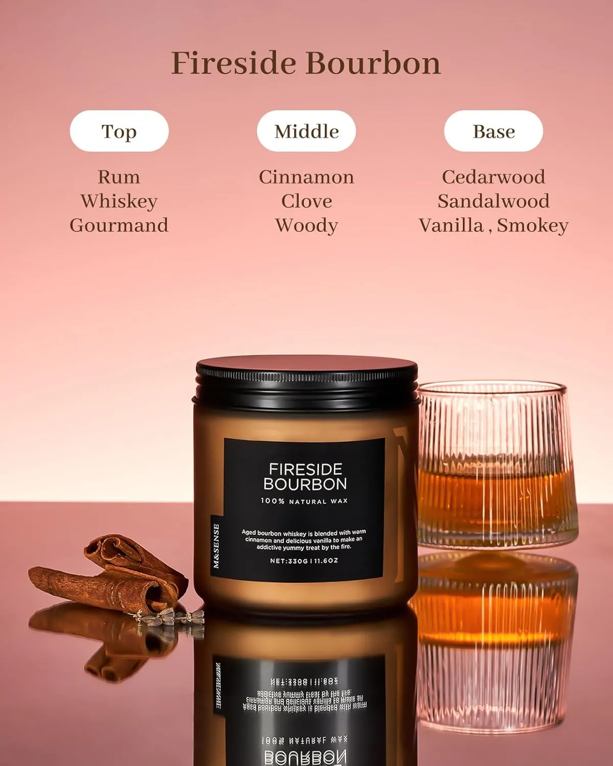 M&SENSE Fireside Bourbon Jar Candle, 11.6oz Clean Soy Wax Campfire Candle, Up to 70 Hours Burn Time Smoky Candle, 2 Wick Cotton Fall Scented Candle for Home Decor, Aromatherapy Candle for Bathroom