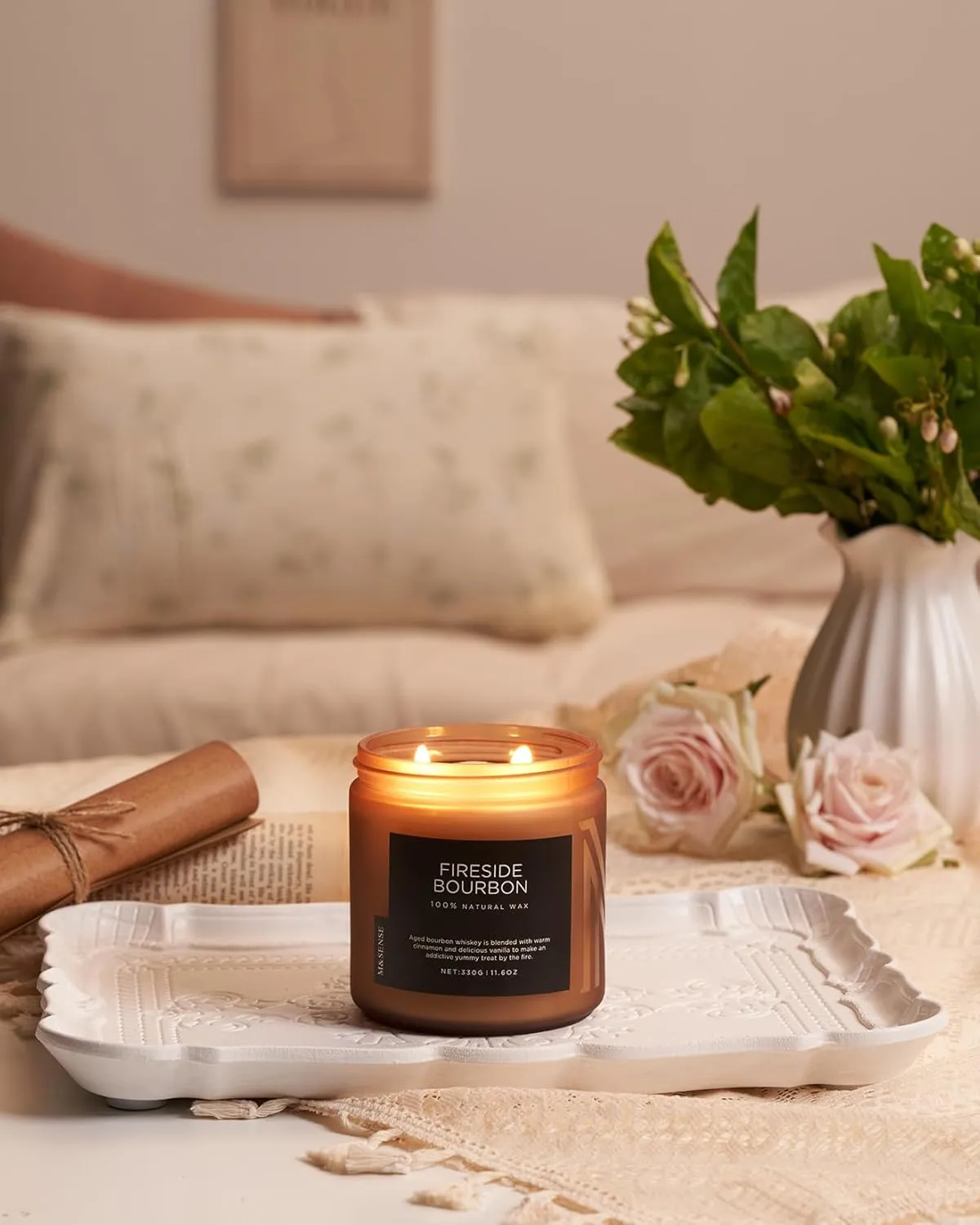 M&SENSE Fireside Bourbon Jar Candle, 11.6oz Clean Soy Wax Campfire Candle, Up to 70 Hours Burn Time Smoky Candle, 2 Wick Cotton Fall Scented Candle for Home Decor, Aromatherapy Candle for Bathroom