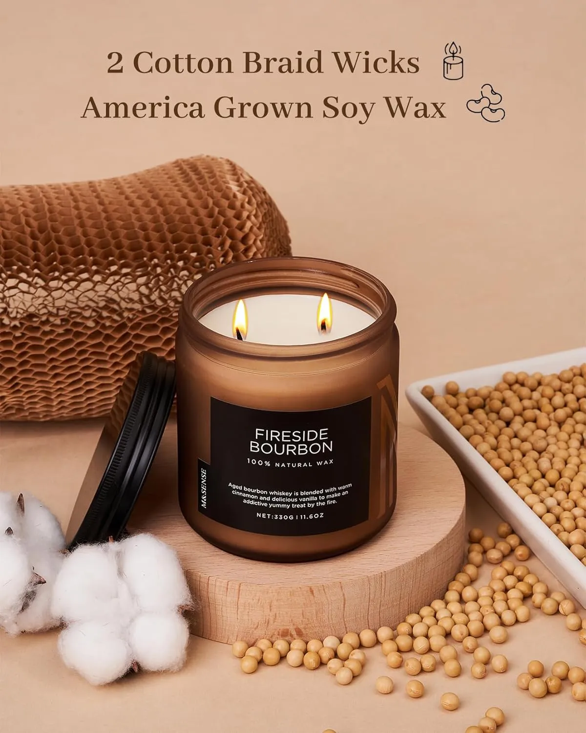 M&SENSE Fireside Bourbon Jar Candle, 11.6oz Clean Soy Wax Campfire Candle, Up to 70 Hours Burn Time Smoky Candle, 2 Wick Cotton Fall Scented Candle for Home Decor, Aromatherapy Candle for Bathroom