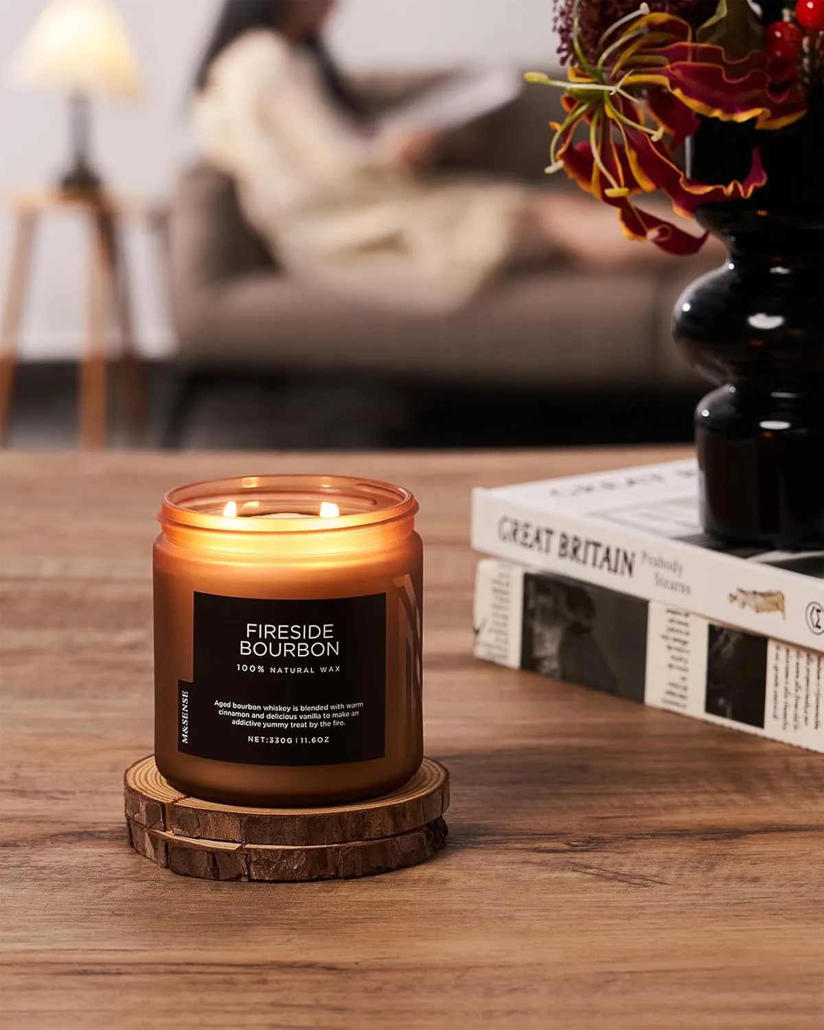 M&SENSE Fireside Bourbon Jar Candle, 11.6oz Clean Soy Wax Campfire Candle, Up to 70 Hours Burn Time Smoky Candle, 2 Wick Cotton Fall Scented Candle for Home Decor, Aromatherapy Candle for Bathroom