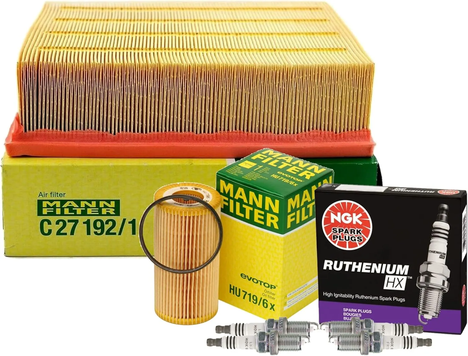 Mann Engine Oil & Air Filter with NGK 4 Ruthenium HX Spark Plugs Gap 0.032" Kit For A4 Quattro 2.0 L4 Turbocharged BPG BWT