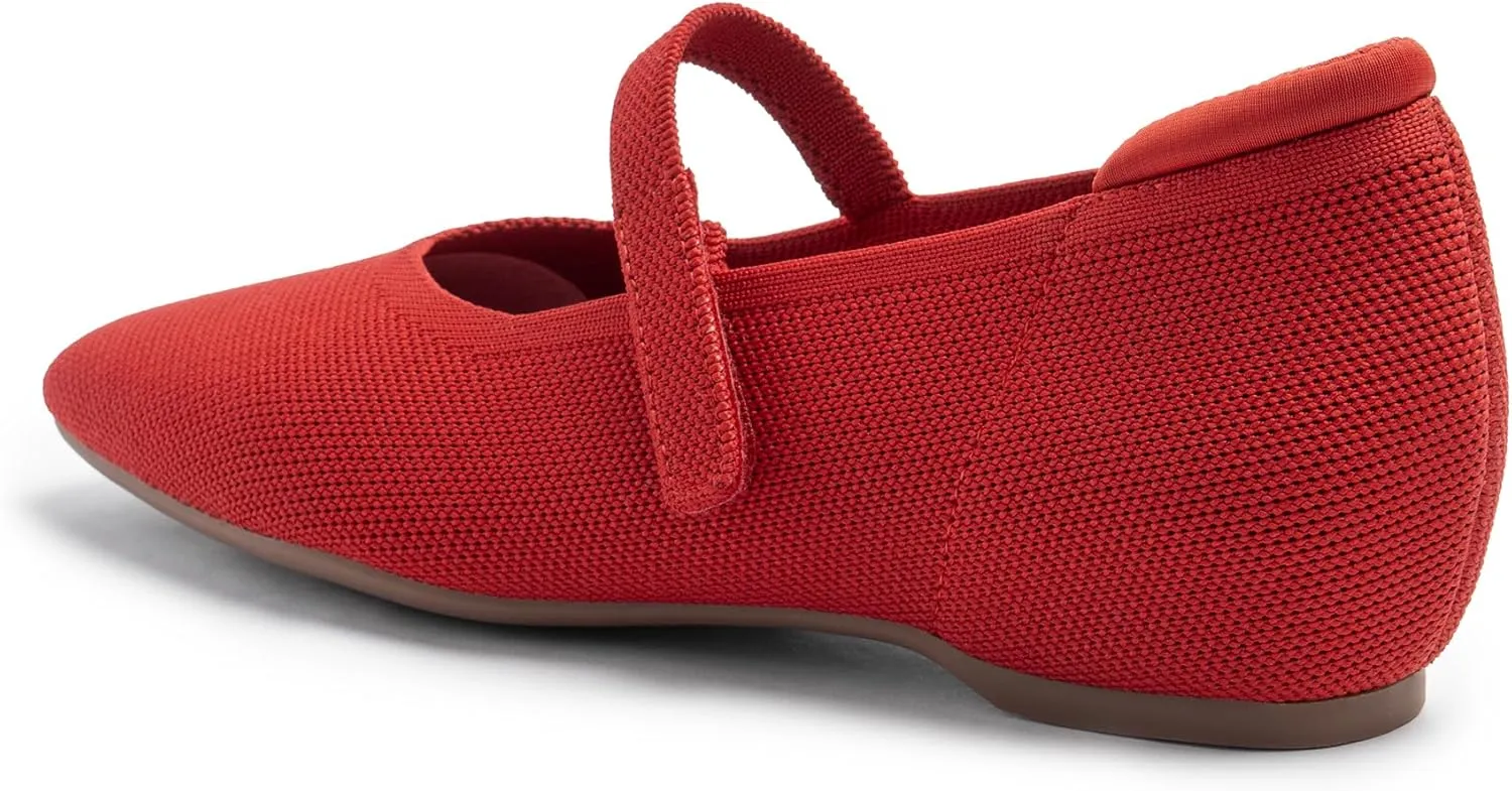 Mary Jane Flat Shoes for Women with Arch Support and Concealed Low Wedge Heel, Comfortable Women Square Toe Ballet Flats Knit Dress Shoes