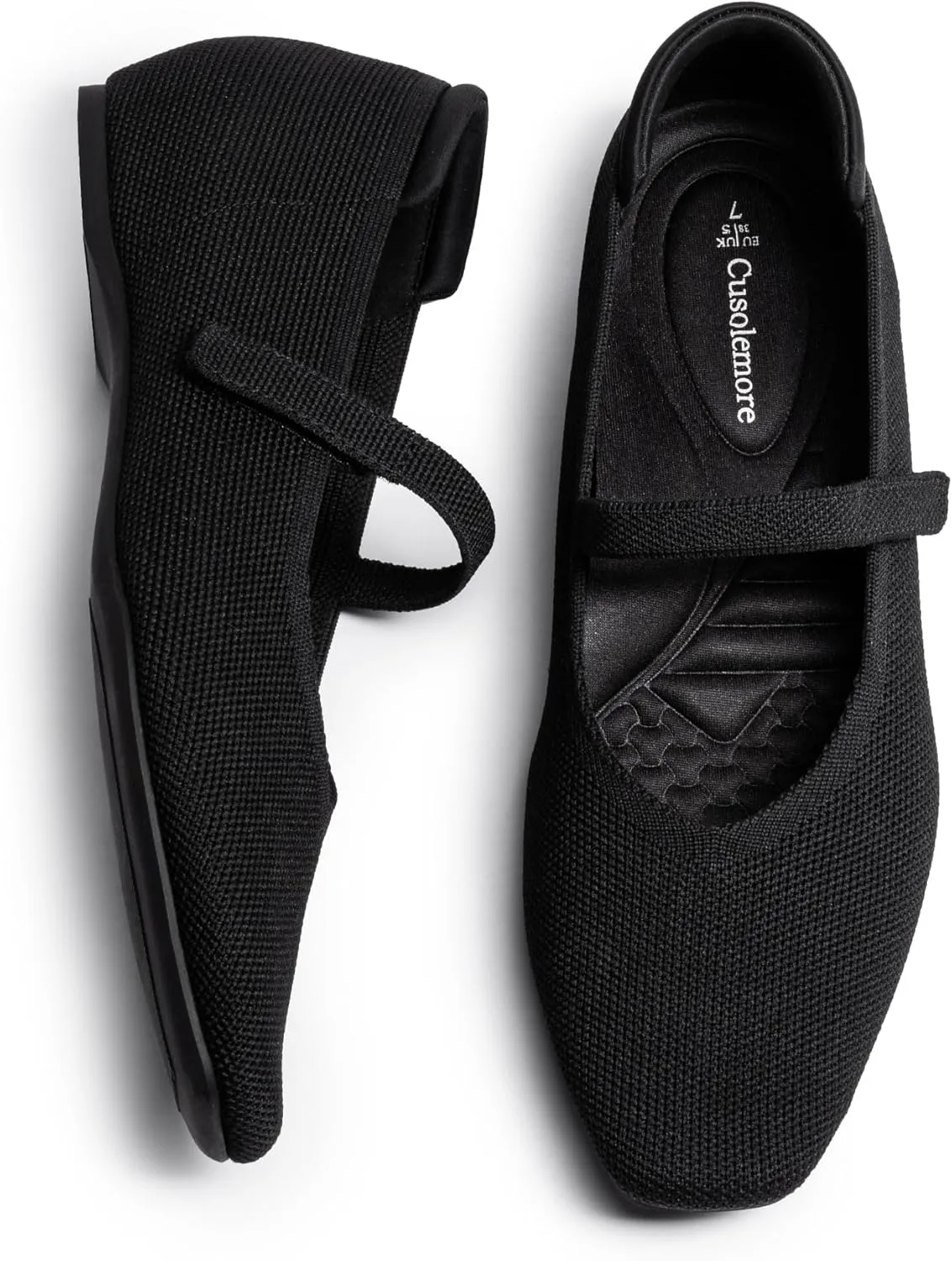 Mary Jane Flat Shoes for Women with Arch Support and Concealed Low Wedge Heel, Comfortable Women Square Toe Ballet Flats Knit Dress Shoes