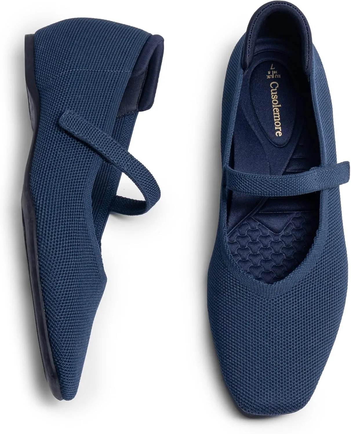 Mary Jane Flat Shoes for Women with Arch Support and Concealed Low Wedge Heel, Comfortable Women Square Toe Ballet Flats Knit Dress Shoes