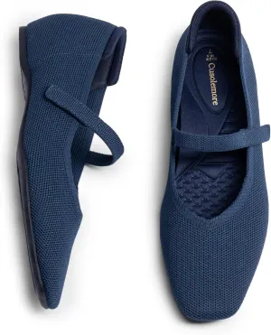 Mary Jane Flat Shoes for Women with Arch Support and Concealed Low Wedge Heel, Comfortable Women Square Toe Ballet Flats Knit Dress Shoes