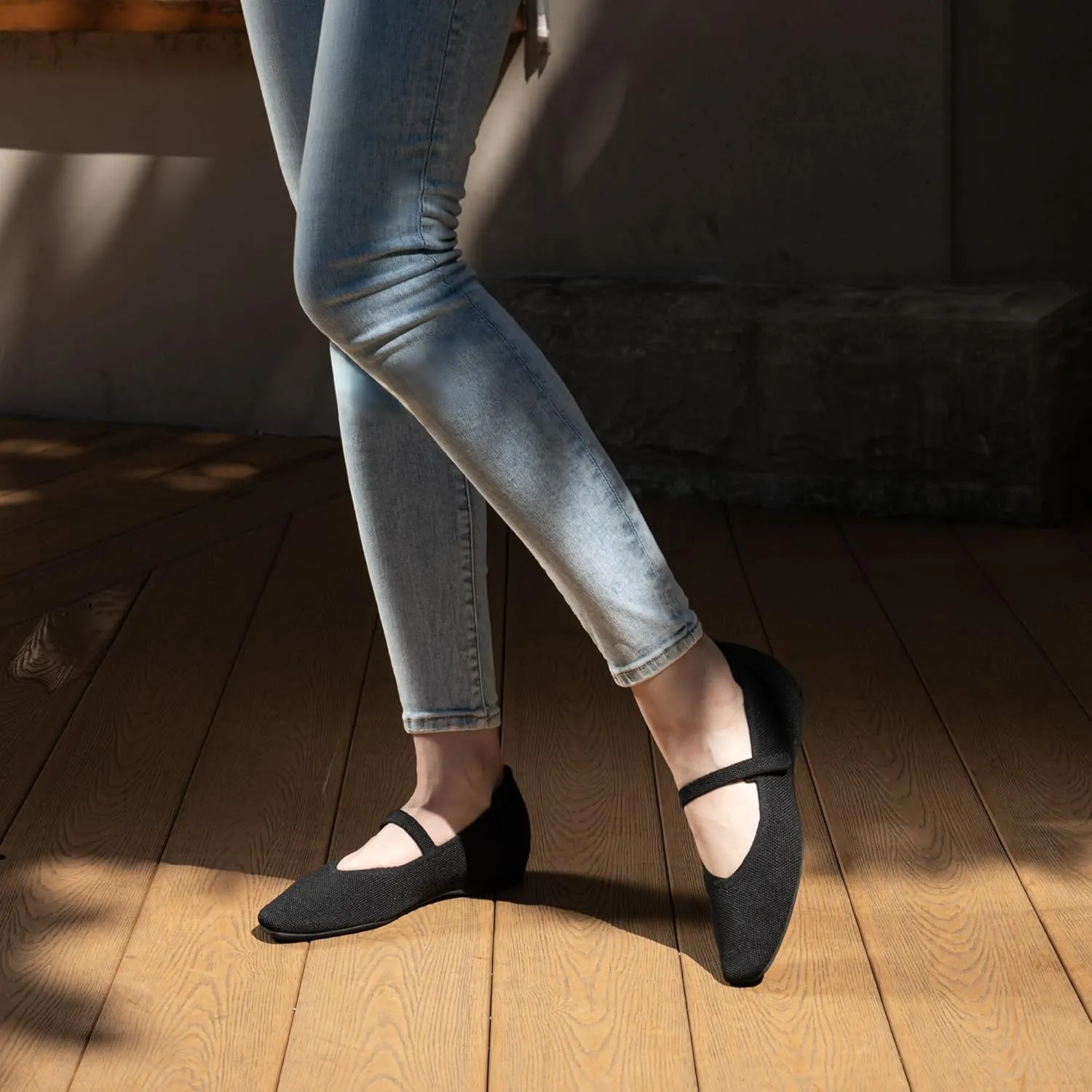 Mary Jane Flat Shoes for Women with Arch Support and Concealed Low Wedge Heel, Comfortable Women Square Toe Ballet Flats Knit Dress Shoes