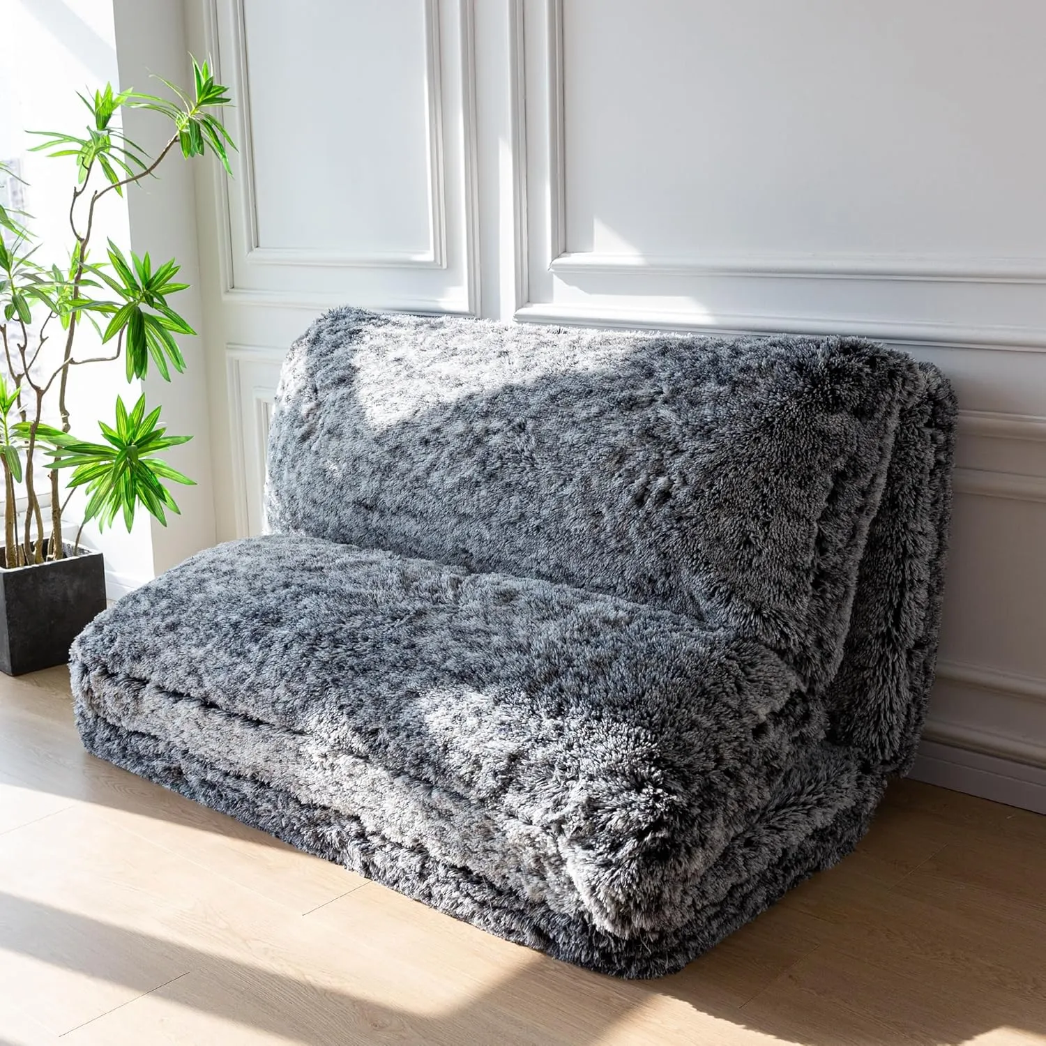 MAXYOYO Bean Bag Bed Floor Bed, Faux Fur Floor Sofa Floor Chairs for Adults, Folding Sofa Bed Foam Filling Wall Couch Sleeper Chairs Full Size Floor Mattress, Black, 30x95 Inch