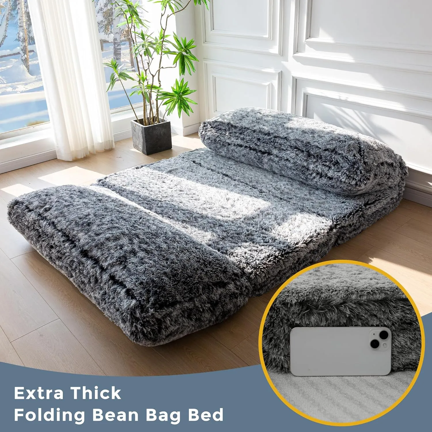 MAXYOYO Bean Bag Bed Floor Bed, Faux Fur Floor Sofa Floor Chairs for Adults, Folding Sofa Bed Foam Filling Wall Couch Sleeper Chairs Full Size Floor Mattress, Black, 30x95 Inch