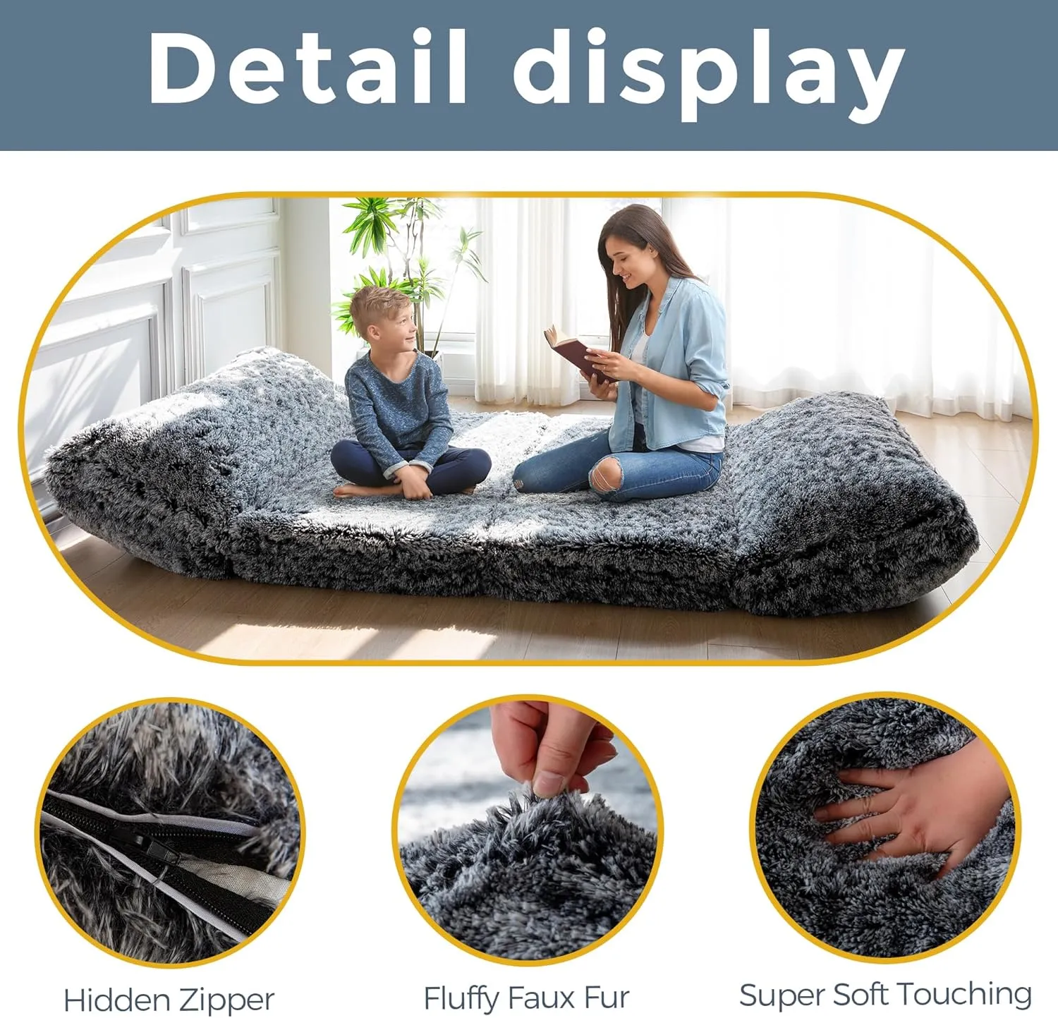 MAXYOYO Bean Bag Bed Floor Bed, Faux Fur Floor Sofa Floor Chairs for Adults, Folding Sofa Bed Foam Filling Wall Couch Sleeper Chairs Full Size Floor Mattress, Black, 30x95 Inch