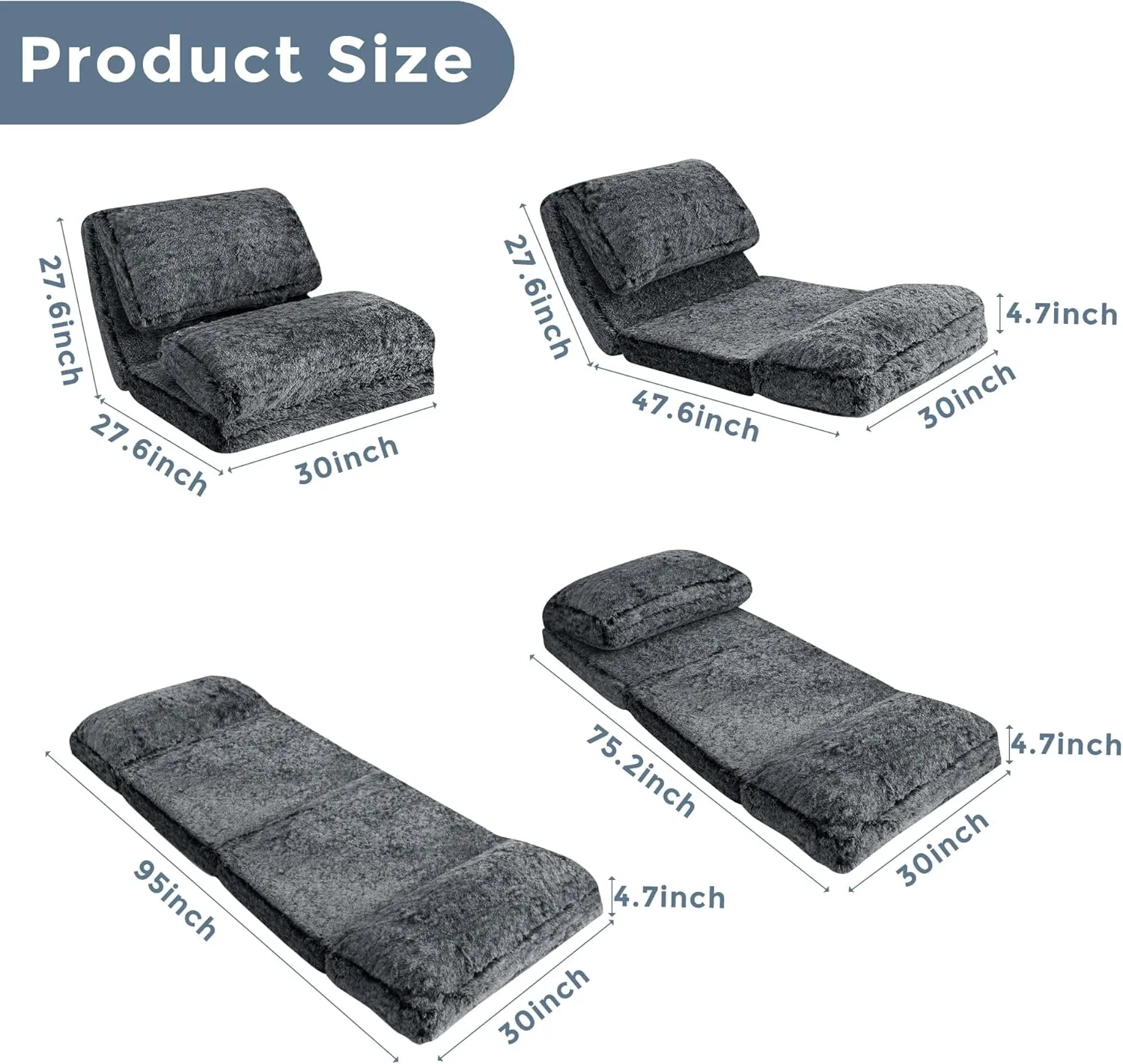 MAXYOYO Bean Bag Bed Floor Bed, Faux Fur Floor Sofa Floor Chairs for Adults, Folding Sofa Bed Foam Filling Wall Couch Sleeper Chairs Full Size Floor Mattress, Black, 30x95 Inch