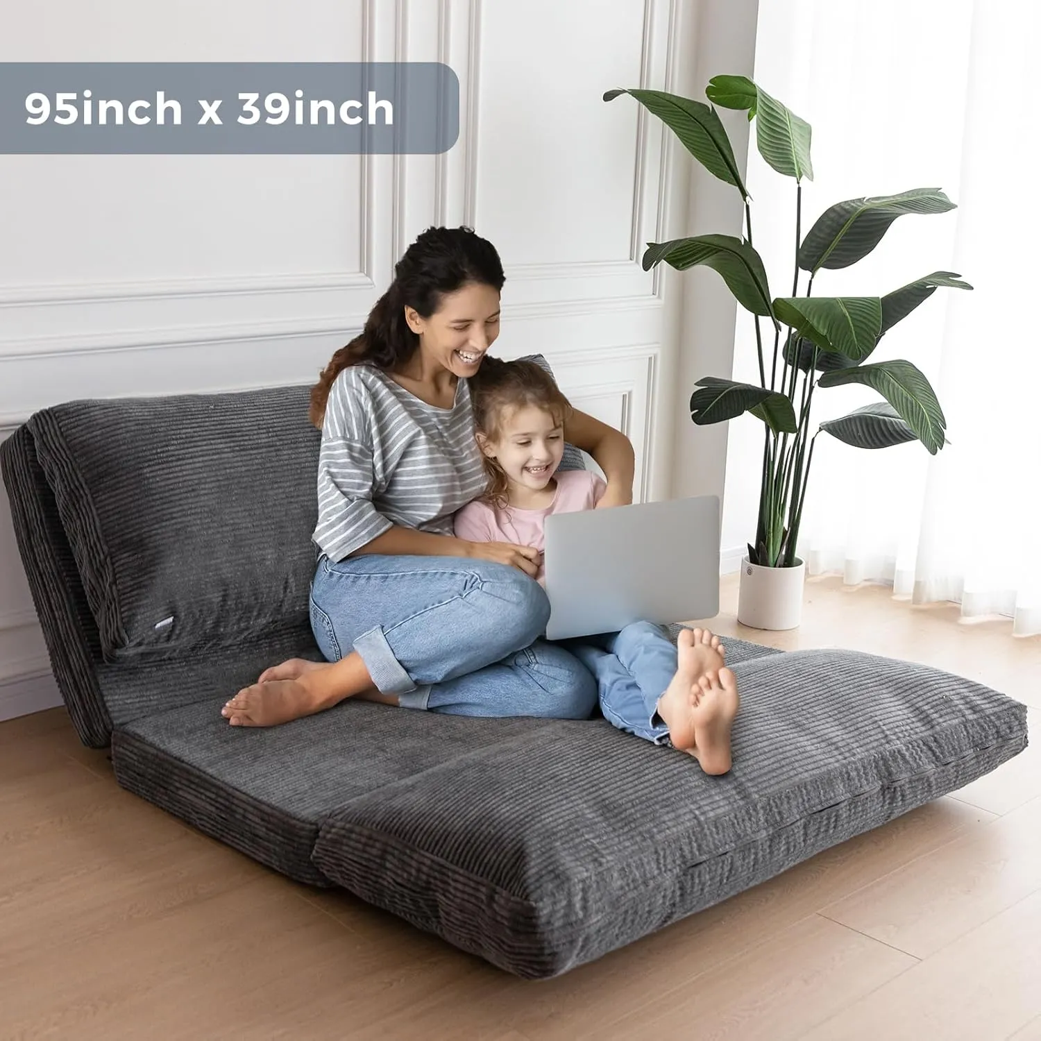 MAXYOYO Bean Bag Bed Folding Sofa Bed Floor Mattress for Adults, Extra Thick and Long Floor Sofa with Corded Washable Cover, Dark Grey, 39x95 Inch