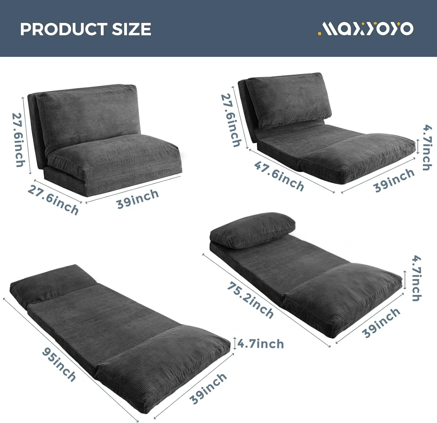 MAXYOYO Bean Bag Bed Folding Sofa Bed Floor Mattress for Adults, Extra Thick and Long Floor Sofa with Corded Washable Cover, Dark Grey, 39x95 Inch