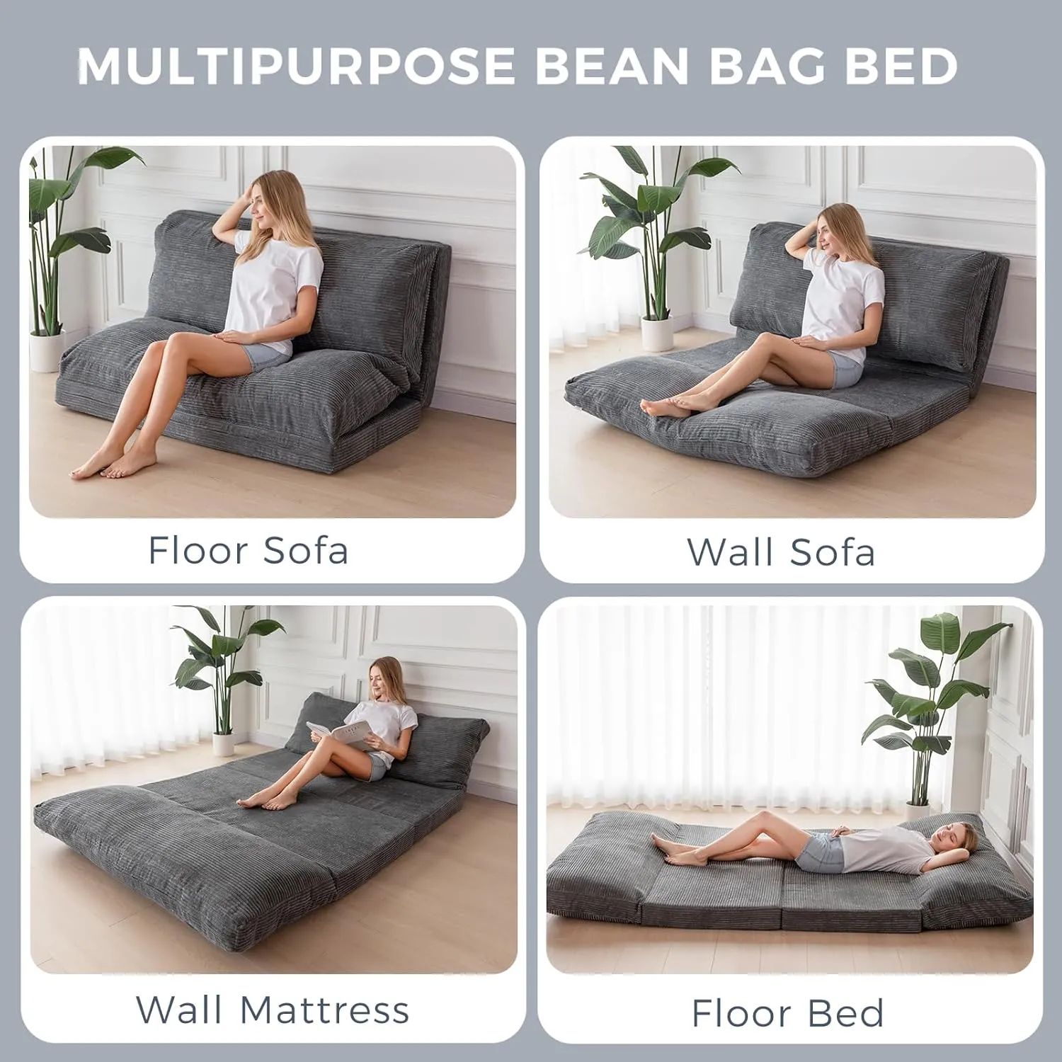 MAXYOYO Bean Bag Bed Folding Sofa Bed Floor Mattress for Adults, Extra Thick and Long Floor Sofa with Corded Washable Cover, Dark Grey, 39x95 Inch