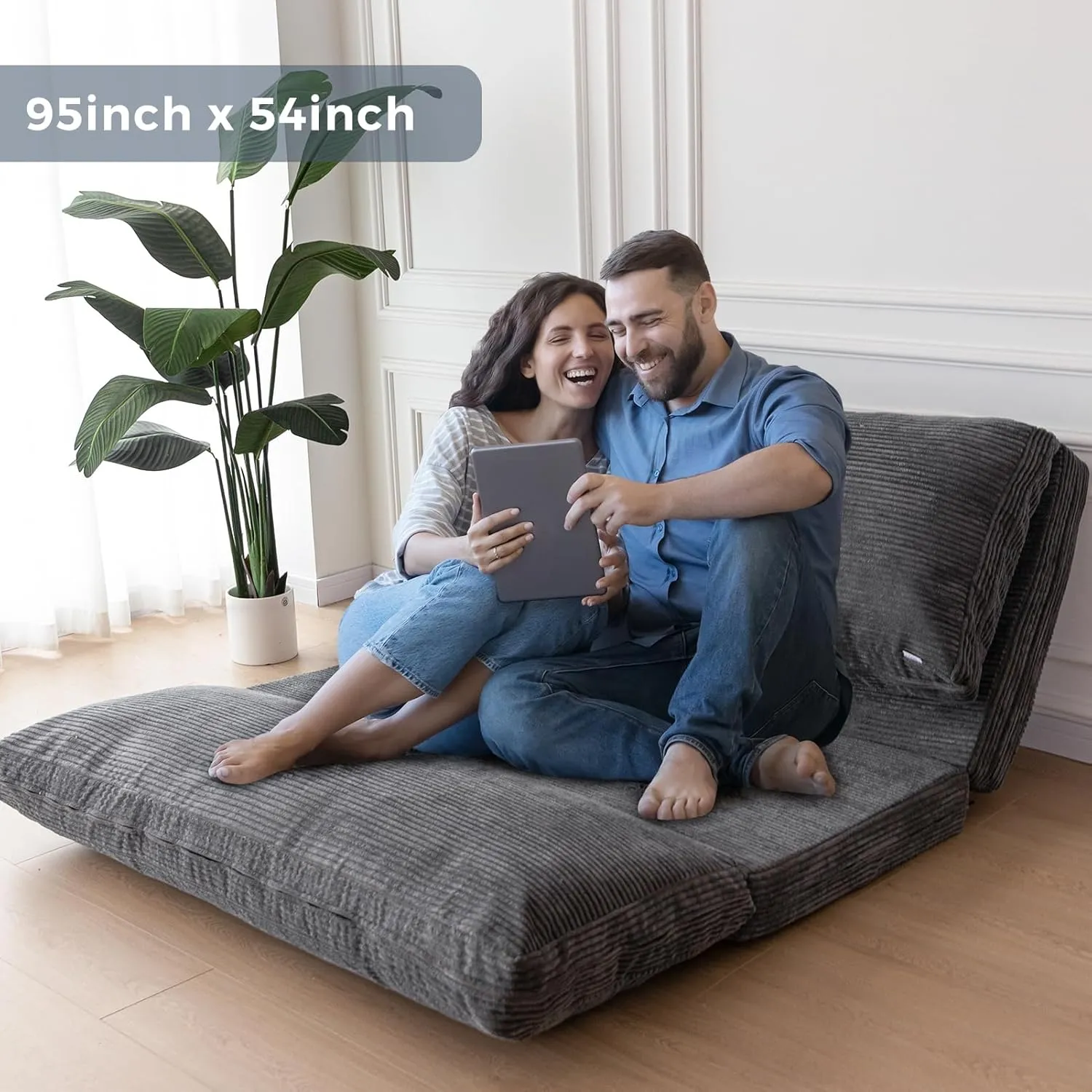 MAXYOYO Bean Bag Bed Folding Sofa Bed Floor Mattress for Adults, Extra Thick and Long Floor Sofa with Corded Washable Cover, Dark Grey, 54x95 Inch