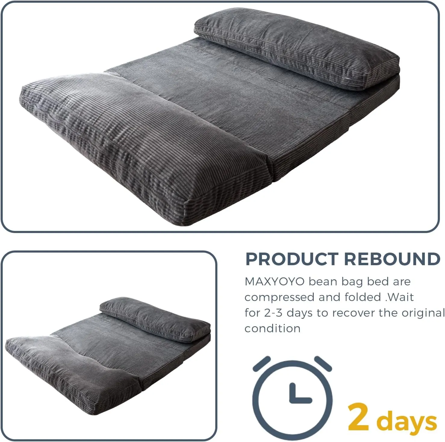 MAXYOYO Bean Bag Bed Folding Sofa Bed Floor Mattress for Adults, Extra Thick and Long Floor Sofa with Corded Washable Cover, Dark Grey, 54x95 Inch