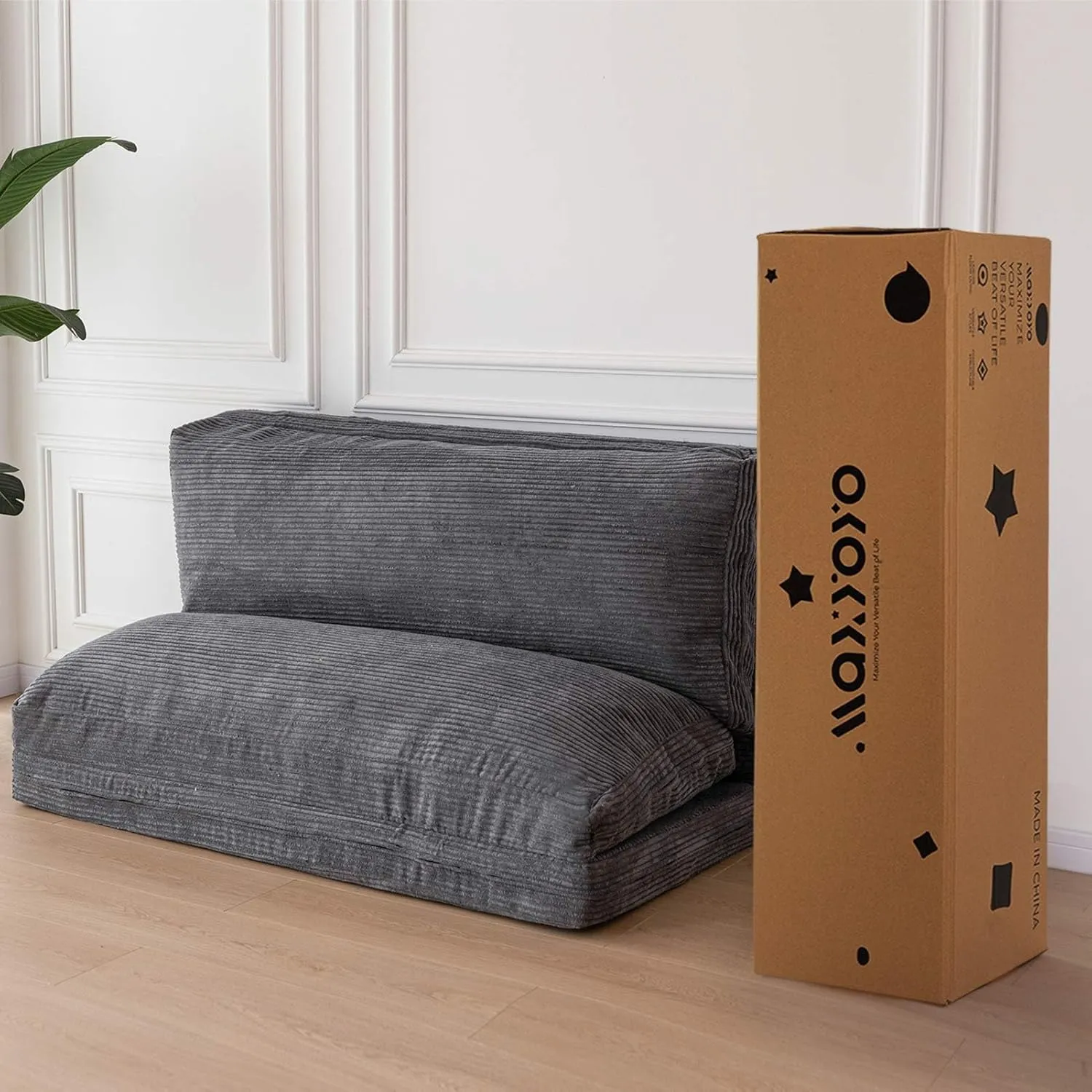 MAXYOYO Bean Bag Bed Folding Sofa Bed Floor Mattress for Adults, Extra Thick and Long Floor Sofa with Corded Washable Cover, Dark Grey, 54x95 Inch