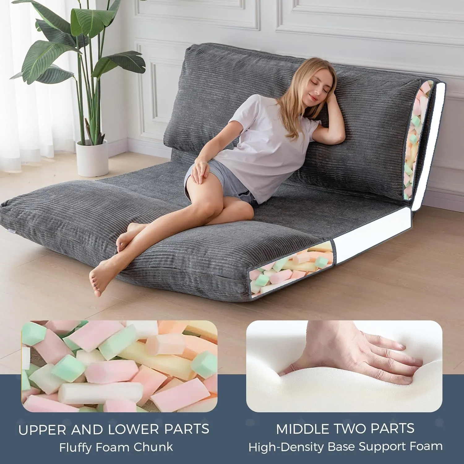 MAXYOYO Bean Bag Bed Folding Sofa Bed Floor Mattress for Adults, Extra Thick and Long Floor Sofa with Corded Washable Cover, Dark Grey, 54x95 Inch