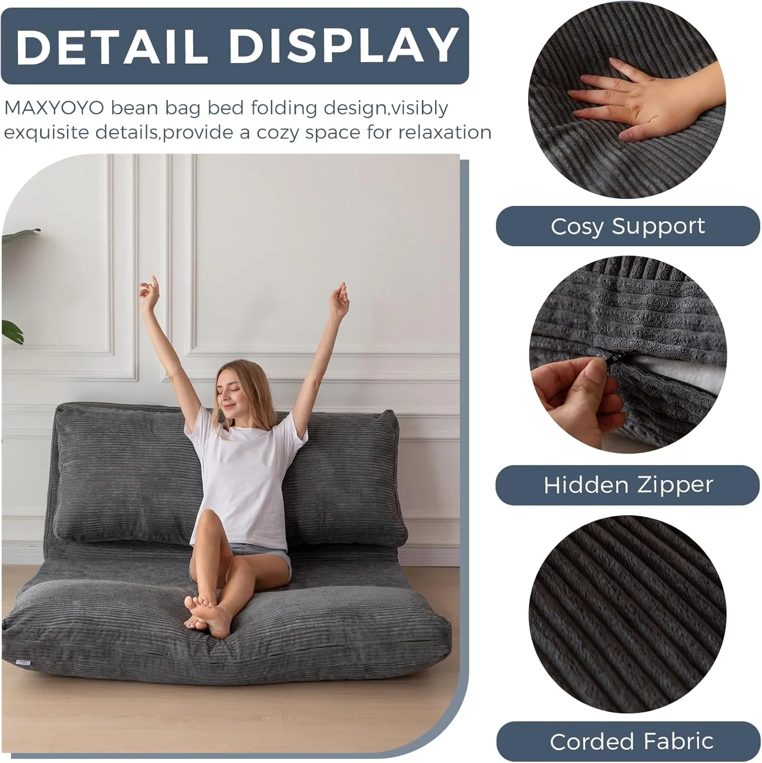 MAXYOYO Bean Bag Bed Folding Sofa Bed Floor Mattress for Adults, Extra Thick and Long Floor Sofa with Corded Washable Cover, Dark Grey, 54x95 Inch