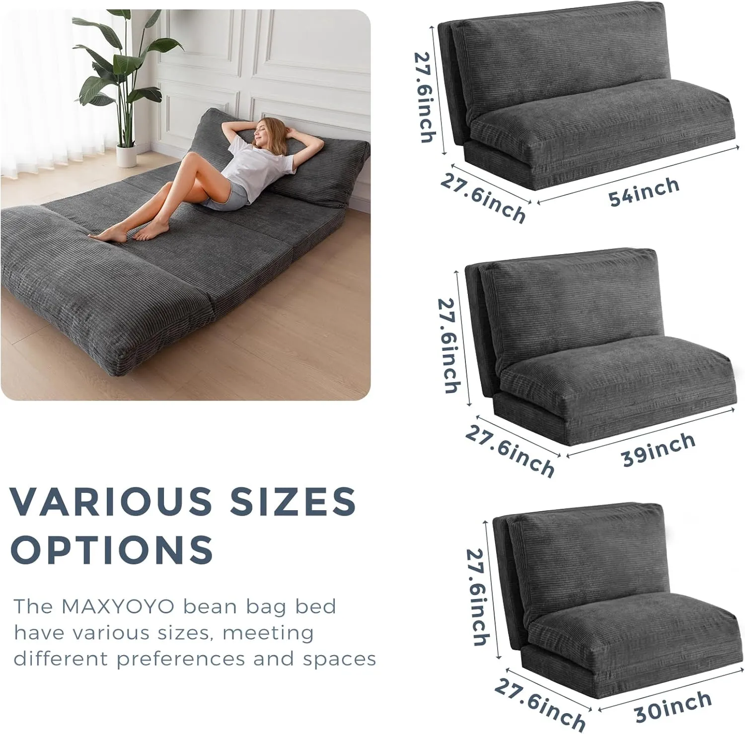 MAXYOYO Bean Bag Bed Folding Sofa Bed Floor Mattress for Adults, Extra Thick and Long Floor Sofa with Corded Washable Cover, Dark Grey, 54x95 Inch