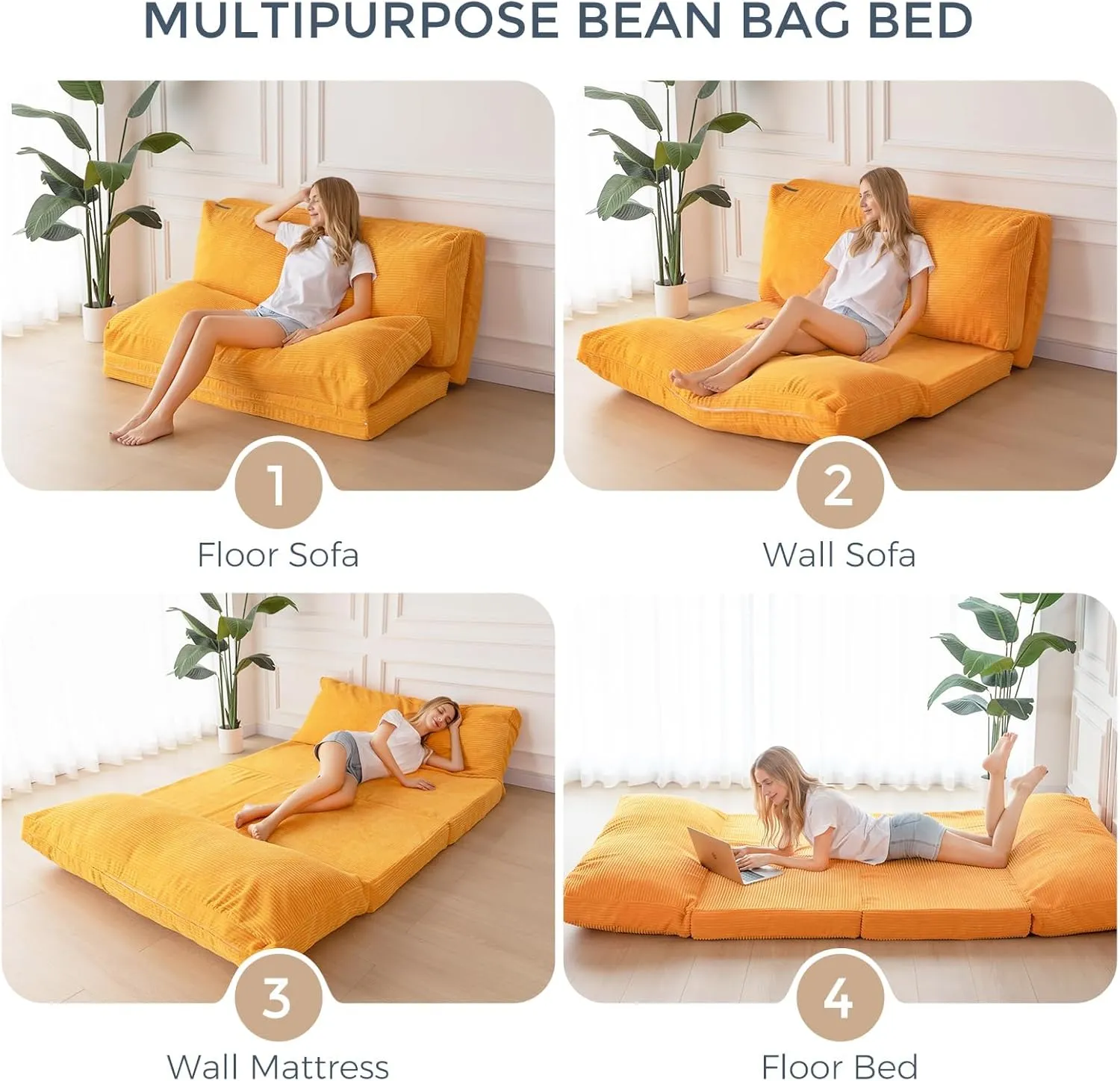 MAXYOYO Bean Bag Bed Folding Sofa Bed Floor Mattress for Adults, Extra Thick and Long Floor Sofa with Corded Washable Cover