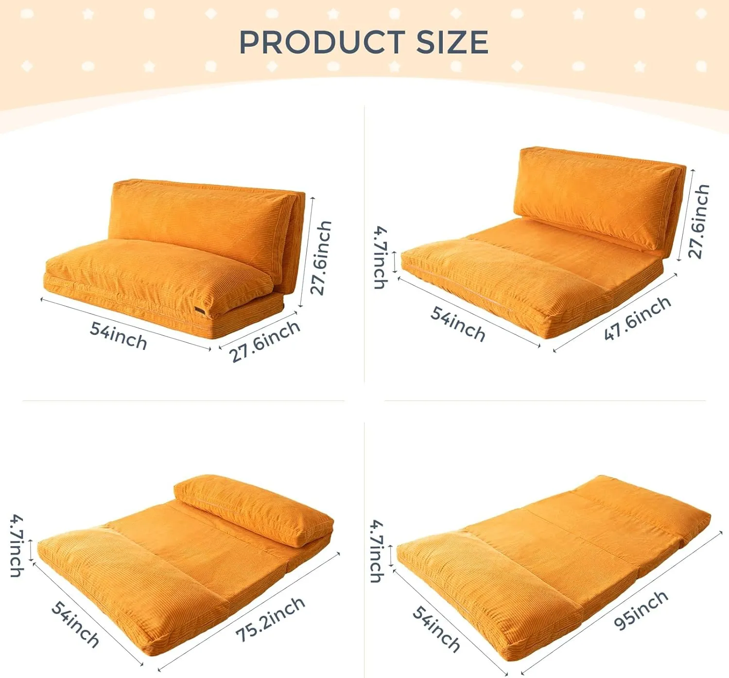 MAXYOYO Bean Bag Bed Folding Sofa Bed Floor Mattress for Adults, Extra Thick and Long Floor Sofa with Corded Washable Cover