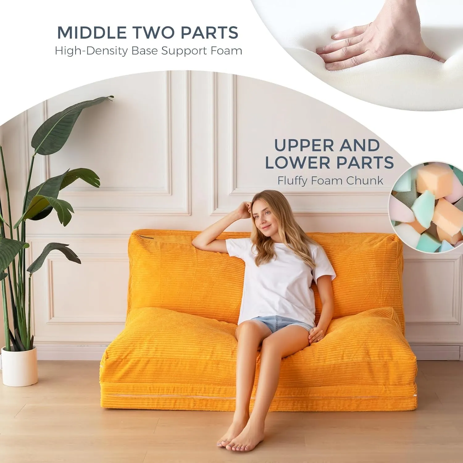 MAXYOYO Bean Bag Bed Folding Sofa Bed Floor Mattress for Adults, Extra Thick and Long Floor Sofa with Corded Washable Cover