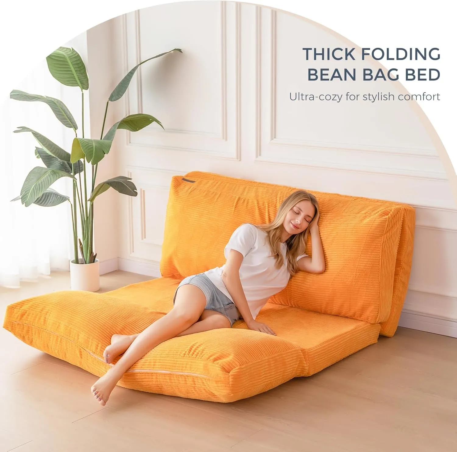 MAXYOYO Bean Bag Bed Folding Sofa Bed Floor Mattress for Adults, Extra Thick and Long Floor Sofa with Corded Washable Cover