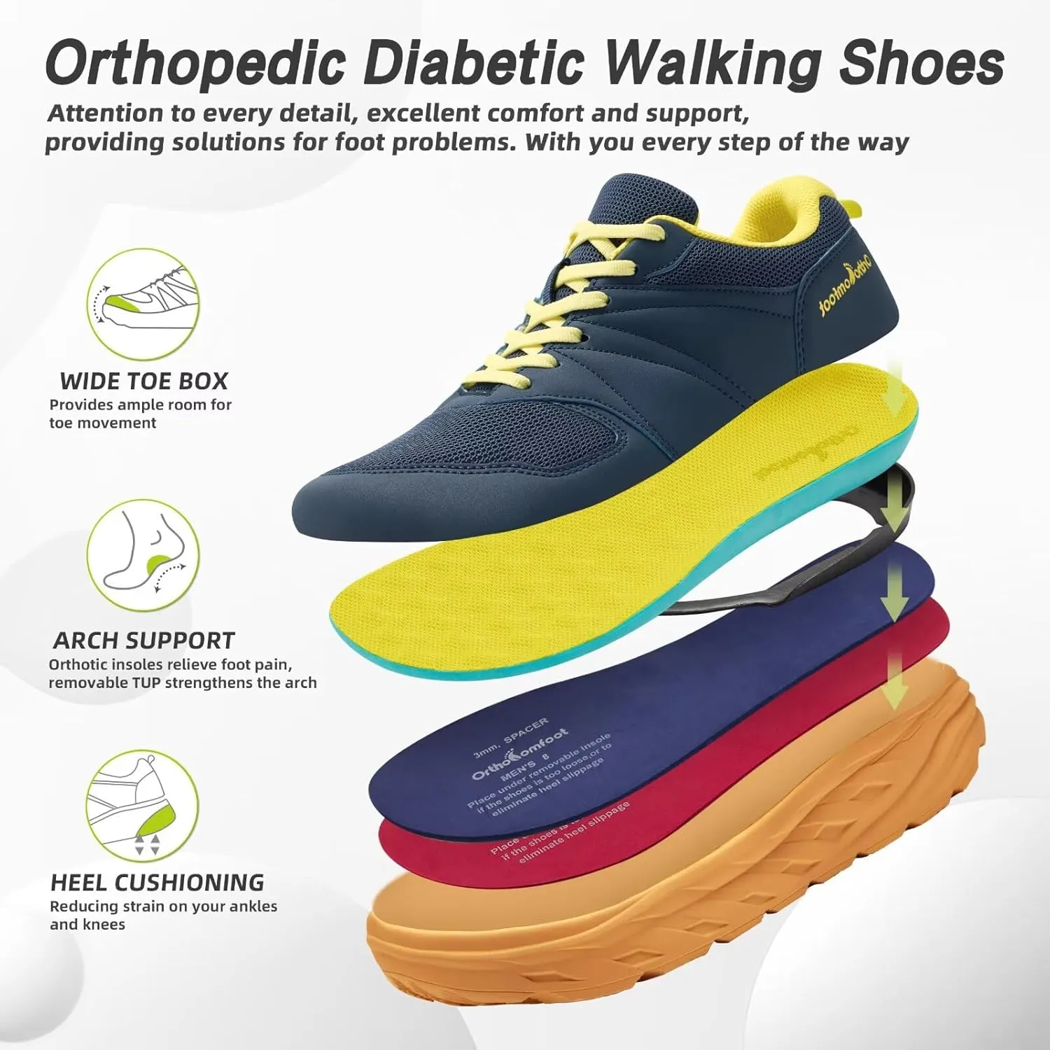 Men's Orthopedic Diabetic Wide Walking Shoes: Comfortable Arch Support Plantar Fasciitis Sports Running Sneakers, Casual Swollen Bunion Work Tennis Shoes for Foot and Heel Pain Relief