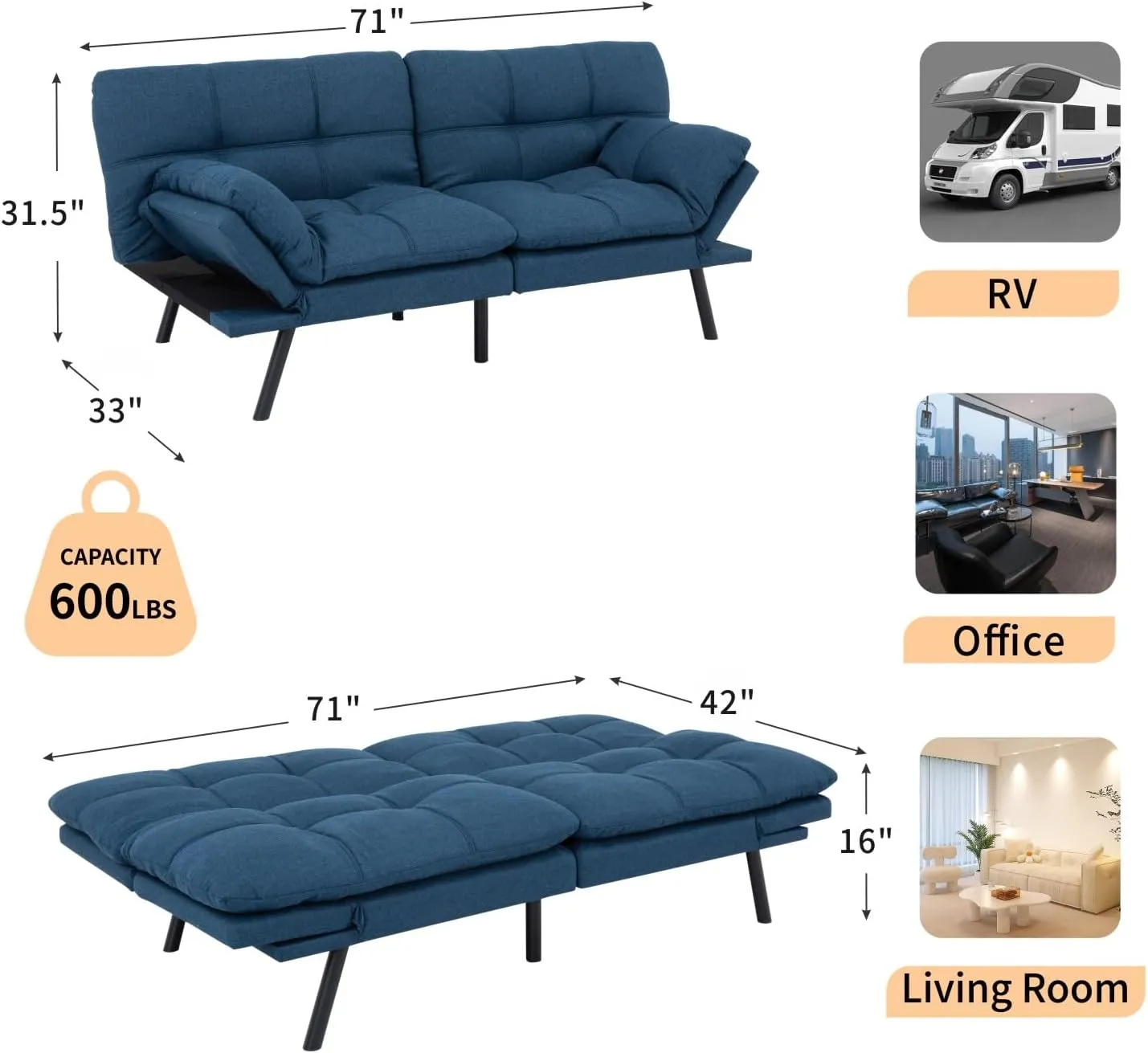 MUUEGM Futon Sofa Bed, 71" Convertible Memory Foam Futon Couch Bed, Modern Sleeper Sofa for Living Room,Small Space,Office,Adjustable Backrests Armrests Couch,Blue