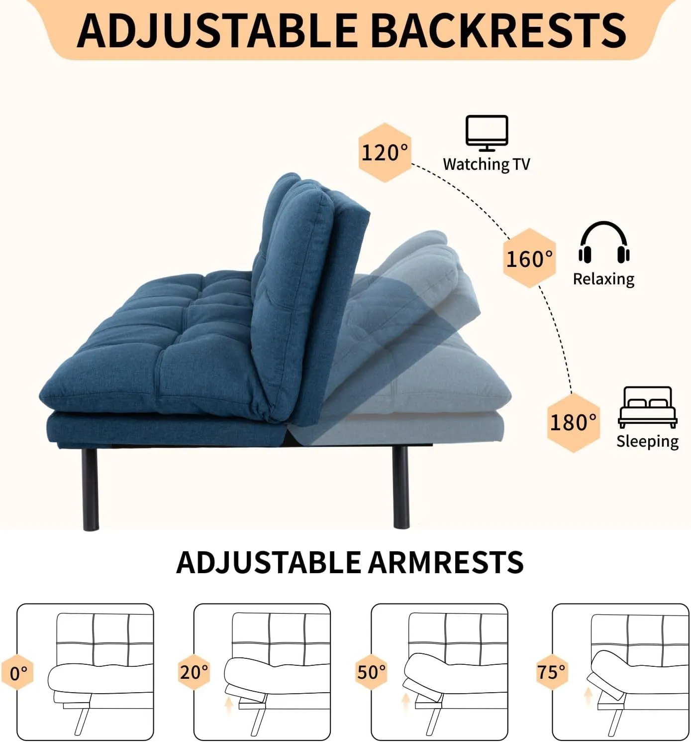 MUUEGM Futon Sofa Bed, 71" Convertible Memory Foam Futon Couch Bed, Modern Sleeper Sofa for Living Room,Small Space,Office,Adjustable Backrests Armrests Couch,Blue