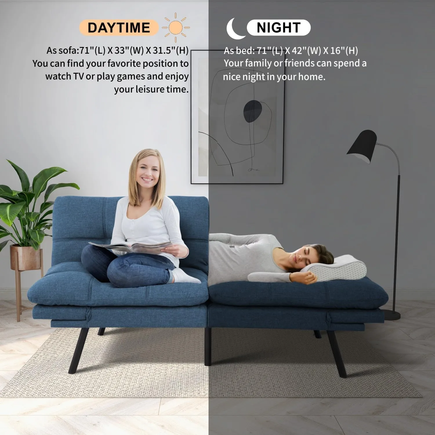 MUUEGM Futon Sofa Bed, 71" Convertible Memory Foam Futon Couch Bed, Modern Sleeper Sofa for Living Room,Small Space,Office,Adjustable Backrests Armrests Couch,Blue
