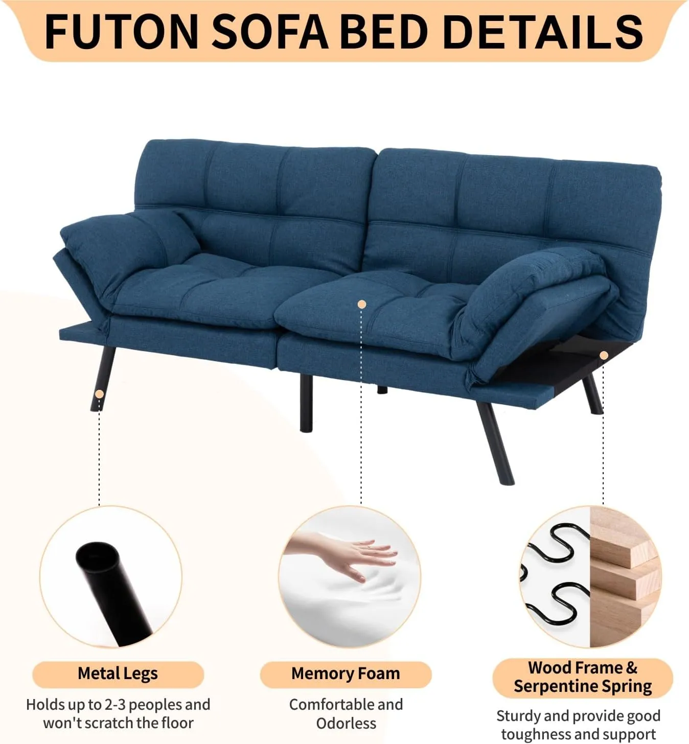 MUUEGM Futon Sofa Bed, 71" Convertible Memory Foam Futon Couch Bed, Modern Sleeper Sofa for Living Room,Small Space,Office,Adjustable Backrests Armrests Couch,Blue