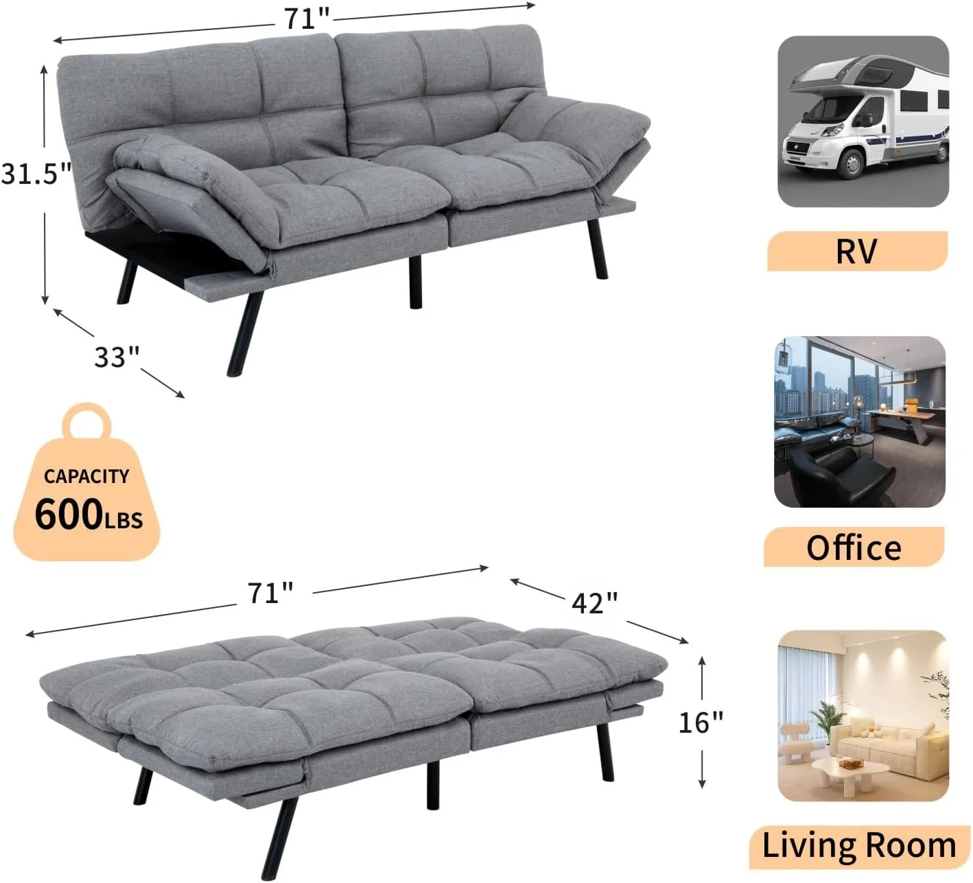 MUUEGM Futon Sofa Bed, 71" Convertible Memory Foam Futon Couch Bed, Modern Sleeper Sofa for Living Room,Small Space,Office,Adjustable Backrests Armrests Couch,Light Grey