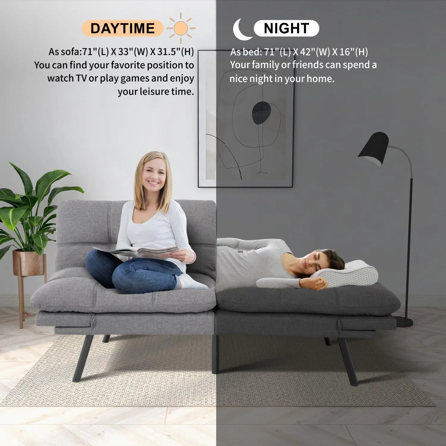 MUUEGM Futon Sofa Bed, 71" Convertible Memory Foam Futon Couch Bed, Modern Sleeper Sofa for Living Room,Small Space,Office,Adjustable Backrests Armrests Couch,Light Grey