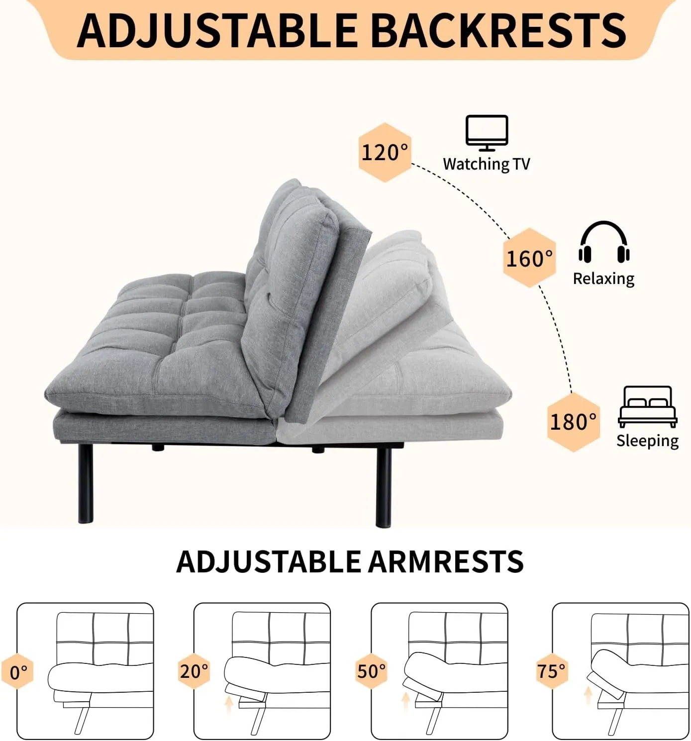 MUUEGM Futon Sofa Bed, 71" Convertible Memory Foam Futon Couch Bed, Modern Sleeper Sofa for Living Room,Small Space,Office,Adjustable Backrests Armrests Couch,Light Grey