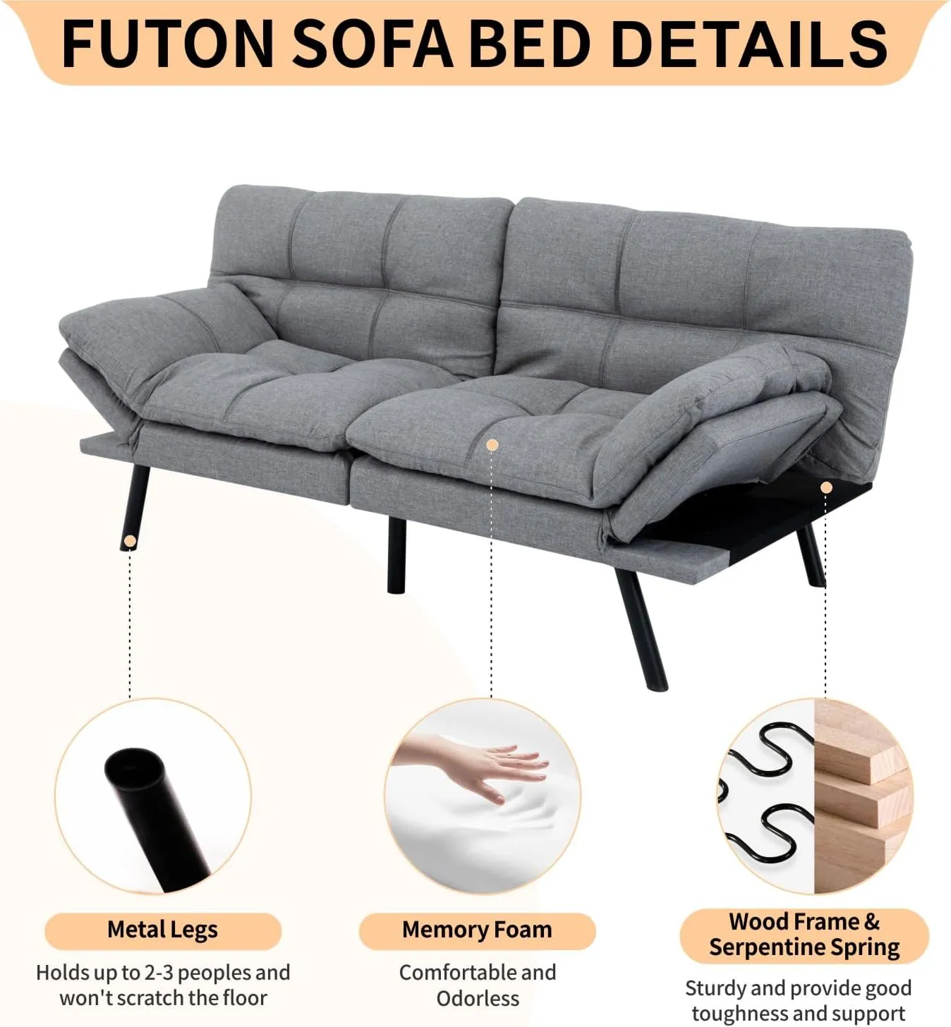 MUUEGM Futon Sofa Bed, 71" Convertible Memory Foam Futon Couch Bed, Modern Sleeper Sofa for Living Room,Small Space,Office,Adjustable Backrests Armrests Couch,Light Grey
