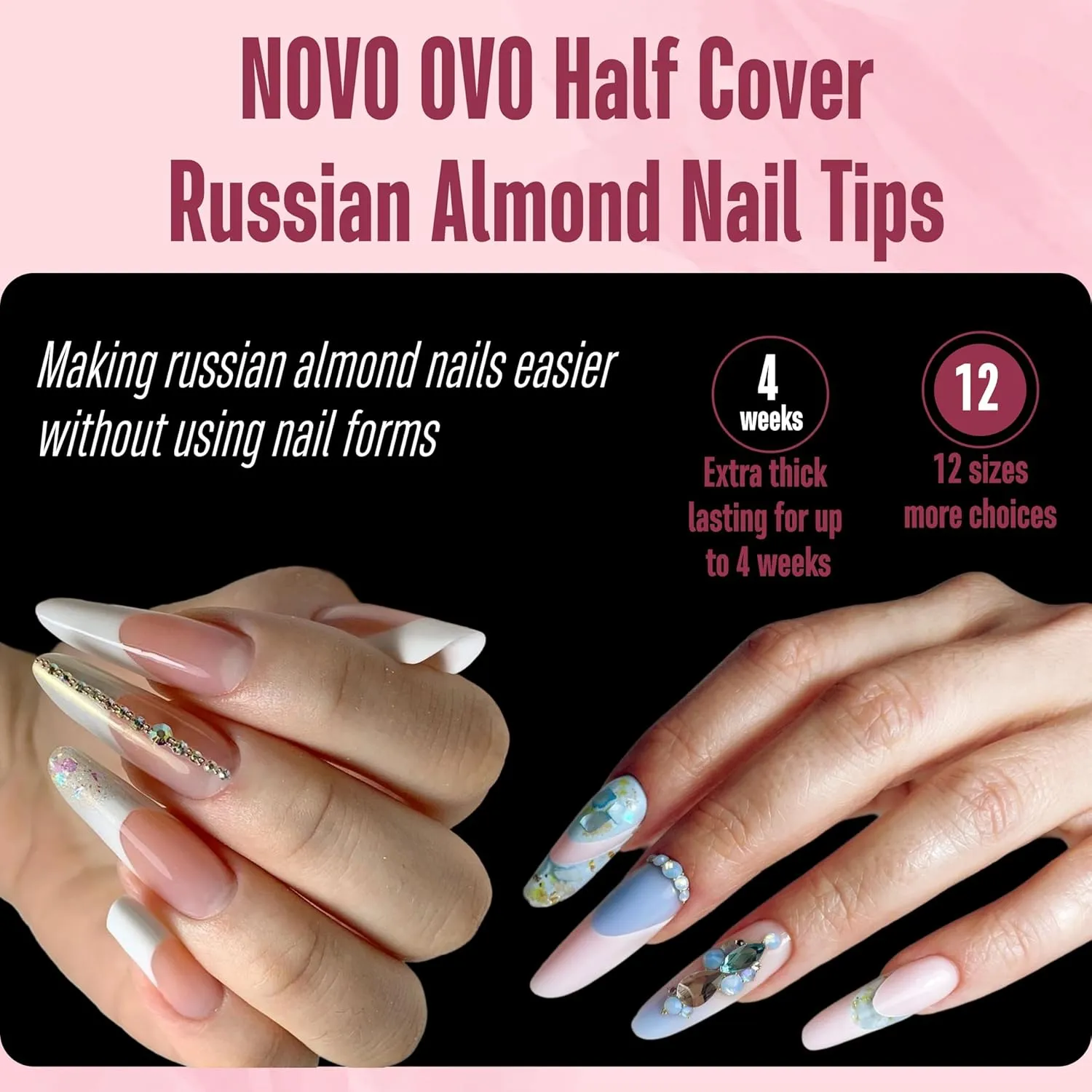 Nail Tips Russian Almond Round Oval, Soft Gel x Acrylic Half Cover Nail Kit for Russia 3D Sculptured Edge Fake Nails Manicure, Extra Long XL XXL Pre-etched French tip Press on 12 sizes 320pc