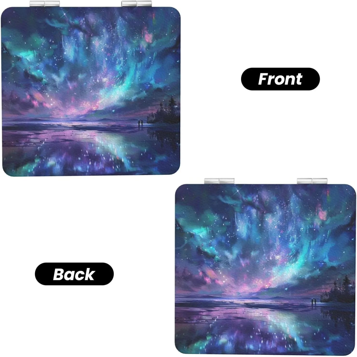 Northern Lights Printed Square Pocket Makeup Mirror with 1X/2X Magnification, Portable Mini Travel Makeup Mirror for Travel Daily Work Beauty
