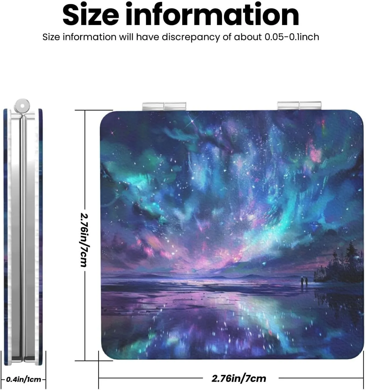 Northern Lights Printed Square Pocket Makeup Mirror with 1X/2X Magnification, Portable Mini Travel Makeup Mirror for Travel Daily Work Beauty