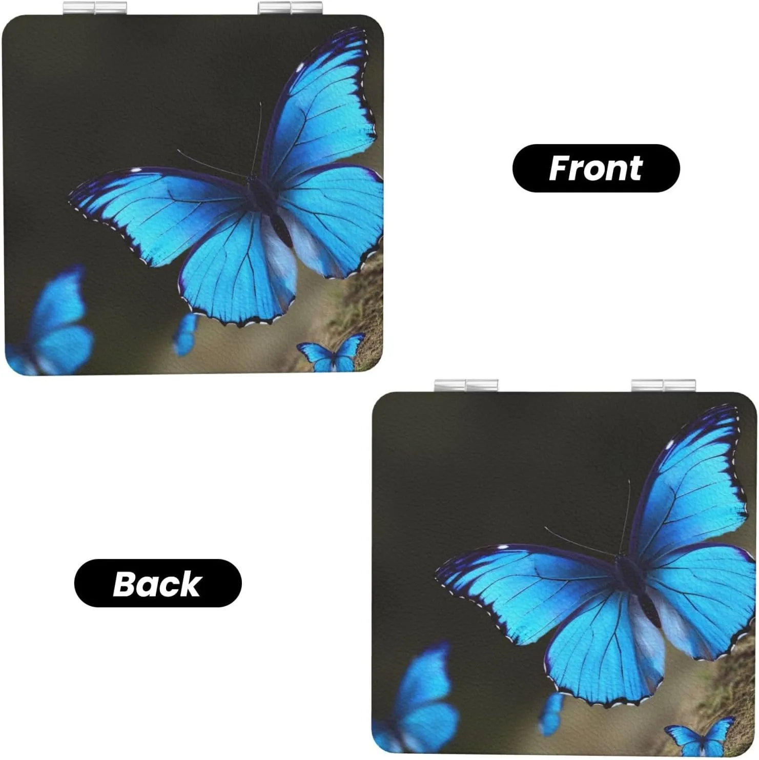 Outdoor Beautiful Blue Butterfly Printed Square Pocket Makeup Mirror with 1X/2X Magnification, Portable Mini Travel Makeup Mirror for Travel Daily Work Beauty
