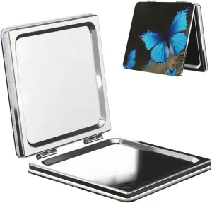 Outdoor Beautiful Blue Butterfly Printed Square Pocket Makeup Mirror with 1X/2X Magnification, Portable Mini Travel Makeup Mirror for Travel Daily Work Beauty