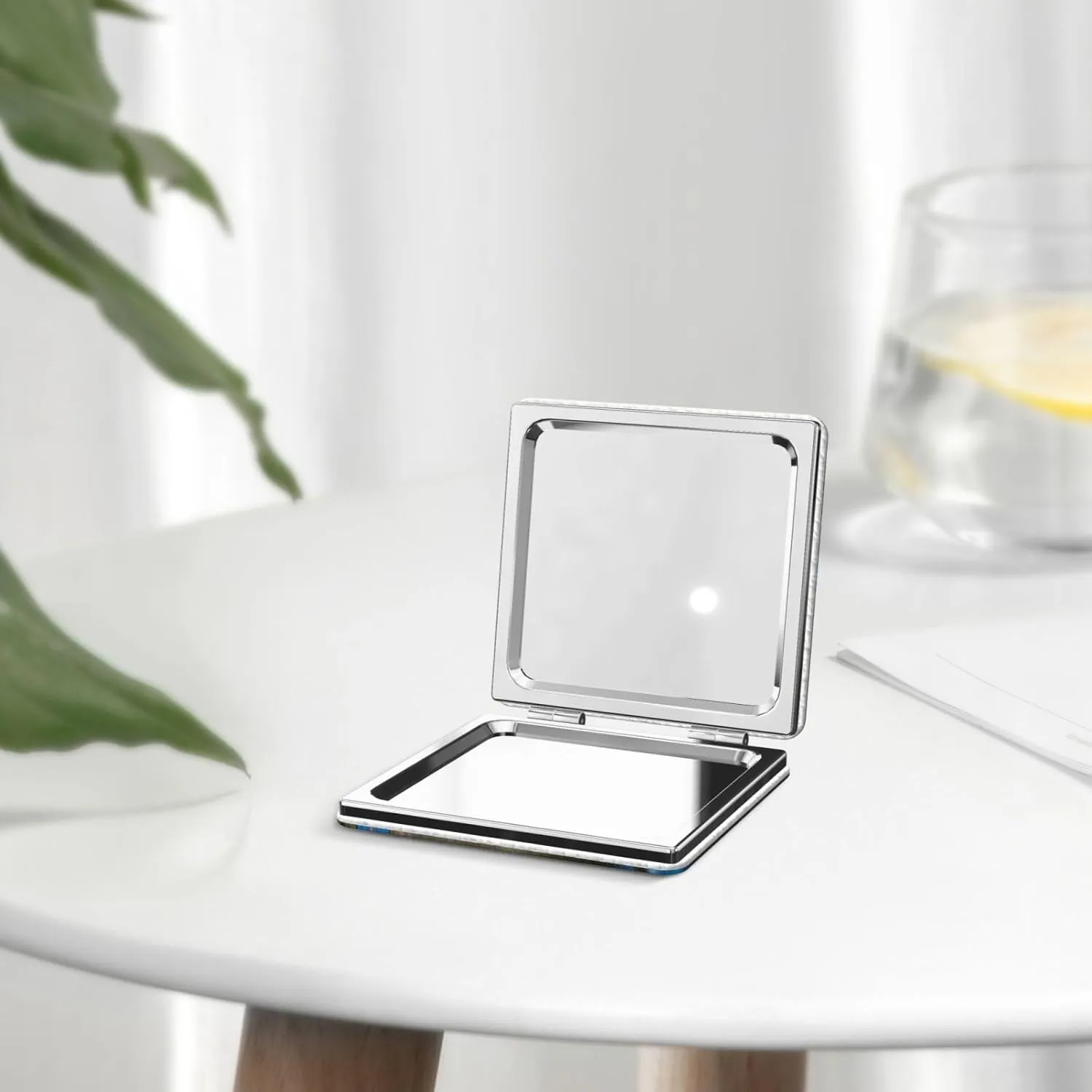 Outdoor Beautiful Blue Butterfly Printed Square Pocket Makeup Mirror with 1X/2X Magnification, Portable Mini Travel Makeup Mirror for Travel Daily Work Beauty