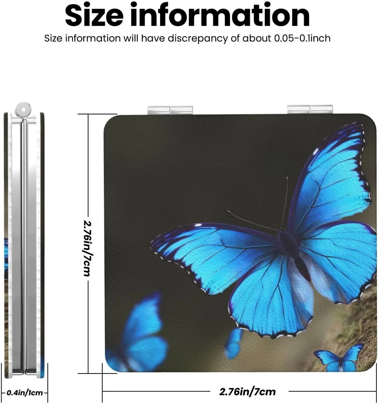 Outdoor Beautiful Blue Butterfly Printed Square Pocket Makeup Mirror with 1X/2X Magnification, Portable Mini Travel Makeup Mirror for Travel Daily Work Beauty