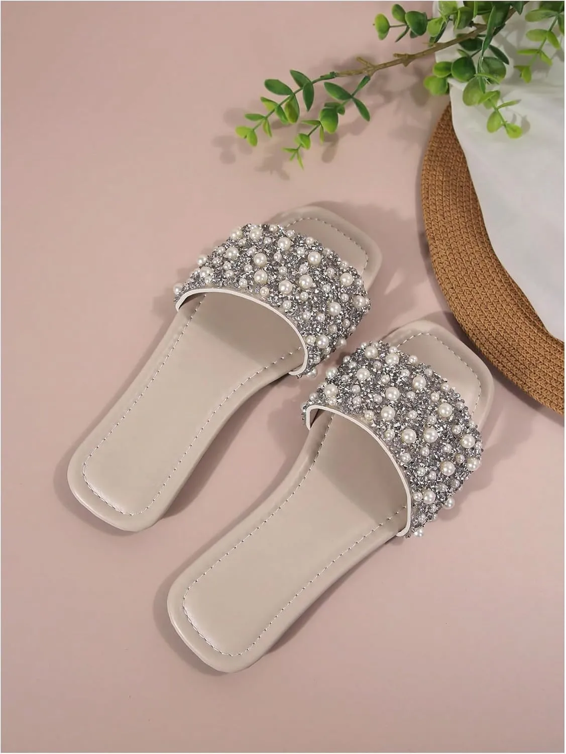 OYOANGLE Women's Pearl Beaded Rhinestone Sparkly Slide Sandals Square Open Toe Slip on Flat Sandal