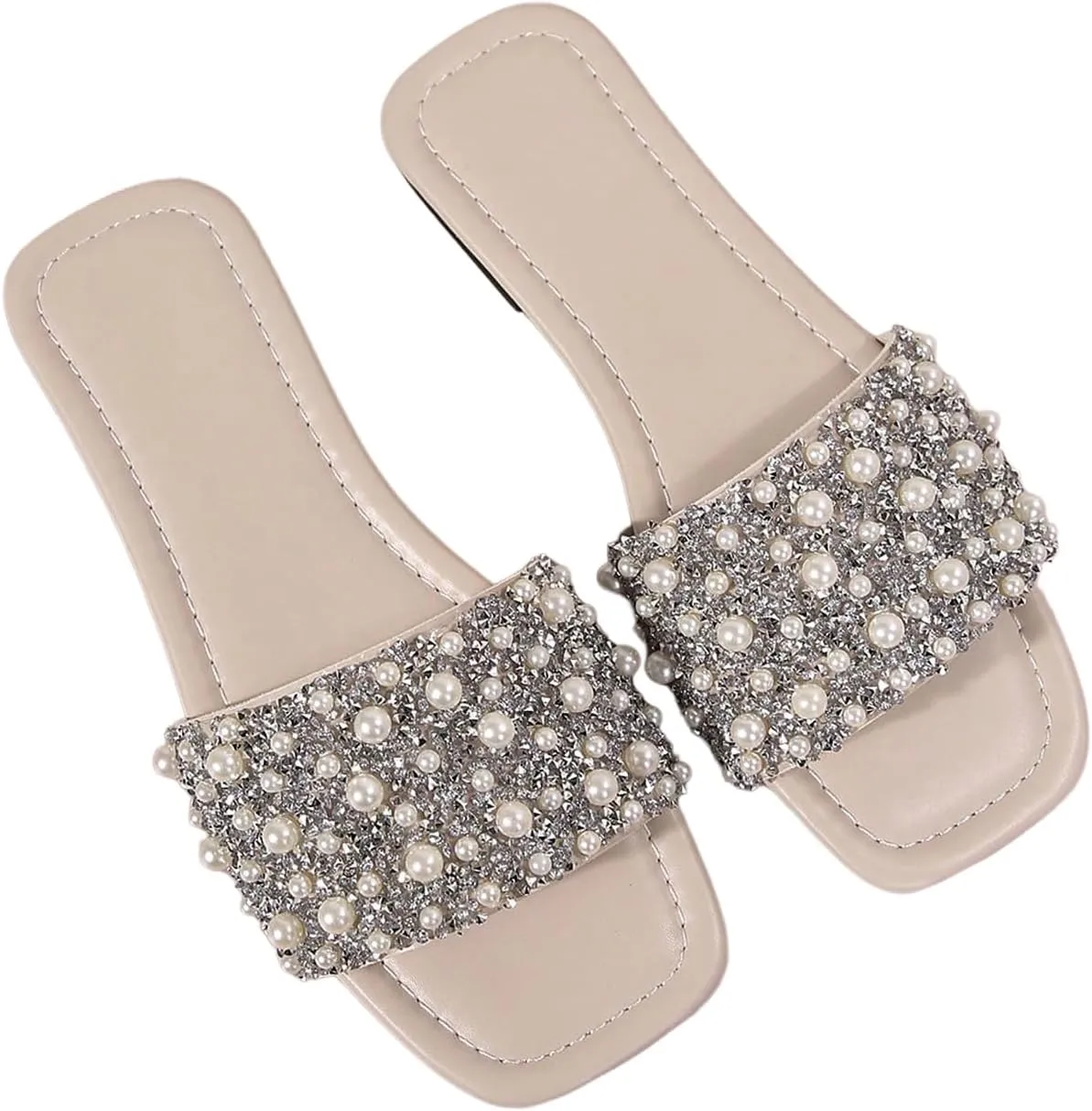 OYOANGLE Women's Pearl Beaded Rhinestone Sparkly Slide Sandals Square Open Toe Slip on Flat Sandal