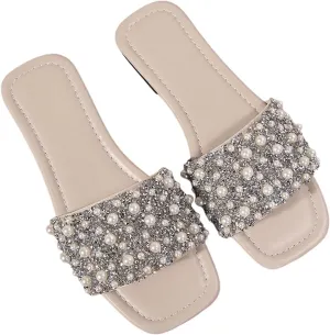 OYOANGLE Women's Pearl Beaded Rhinestone Sparkly Slide Sandals Square Open Toe Slip on Flat Sandal